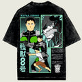 Black t-shirt with graphic design featuring characters and text on a light green background