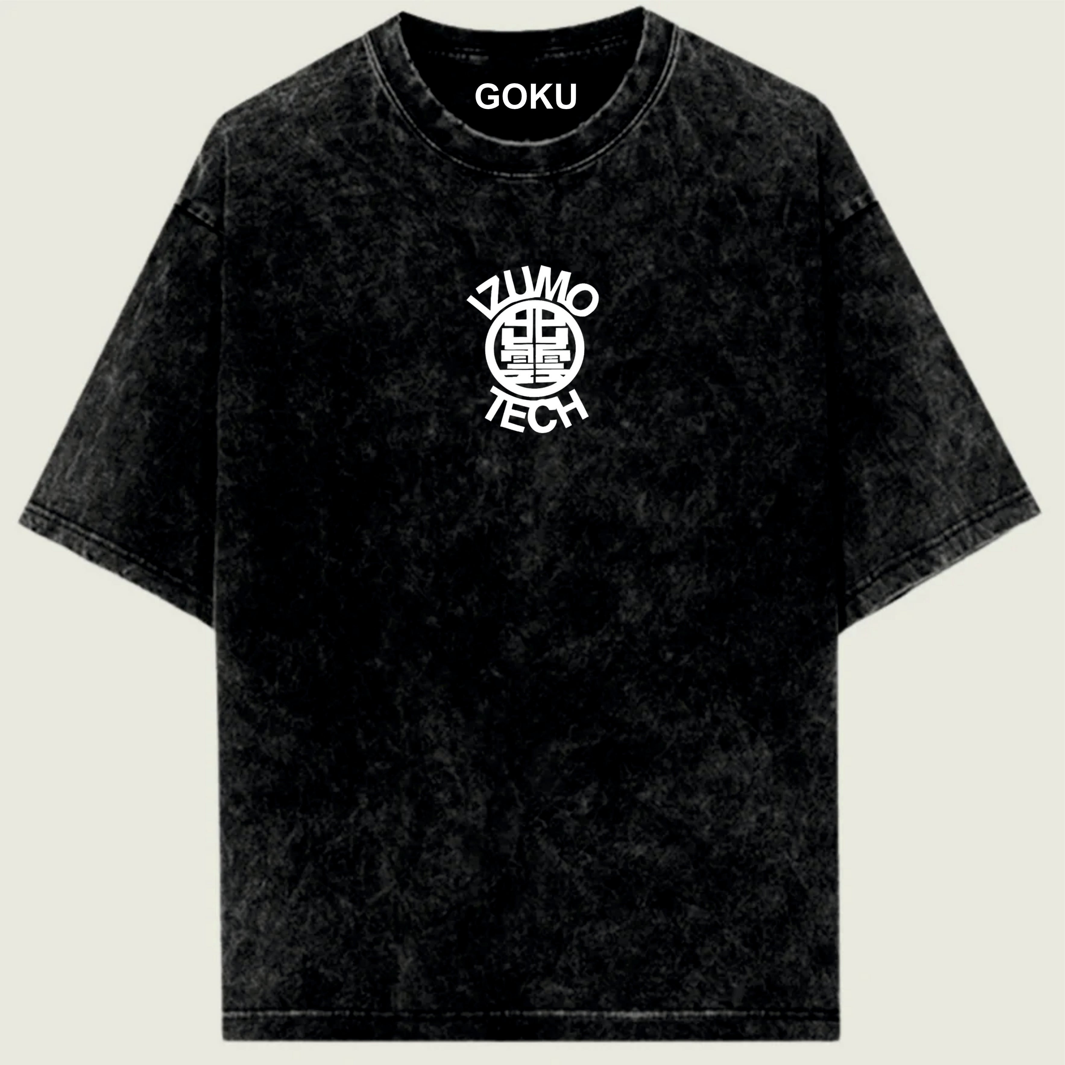 Black t-shirt with 'Goku' and 'Zumo Tech' logos on a light green background