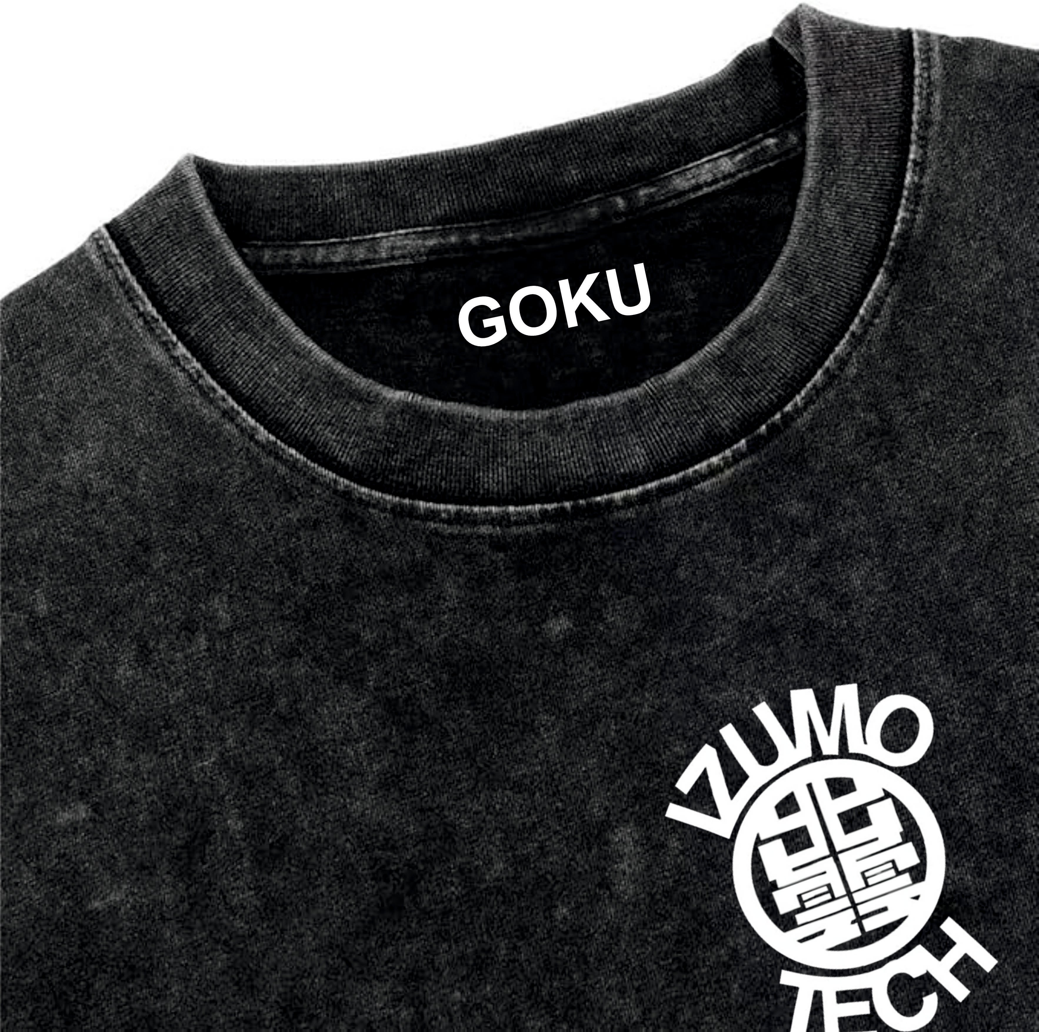 Black t-shirt with 'GOKU' printed on the collar and 'IZUMO' logo on the sleeve.