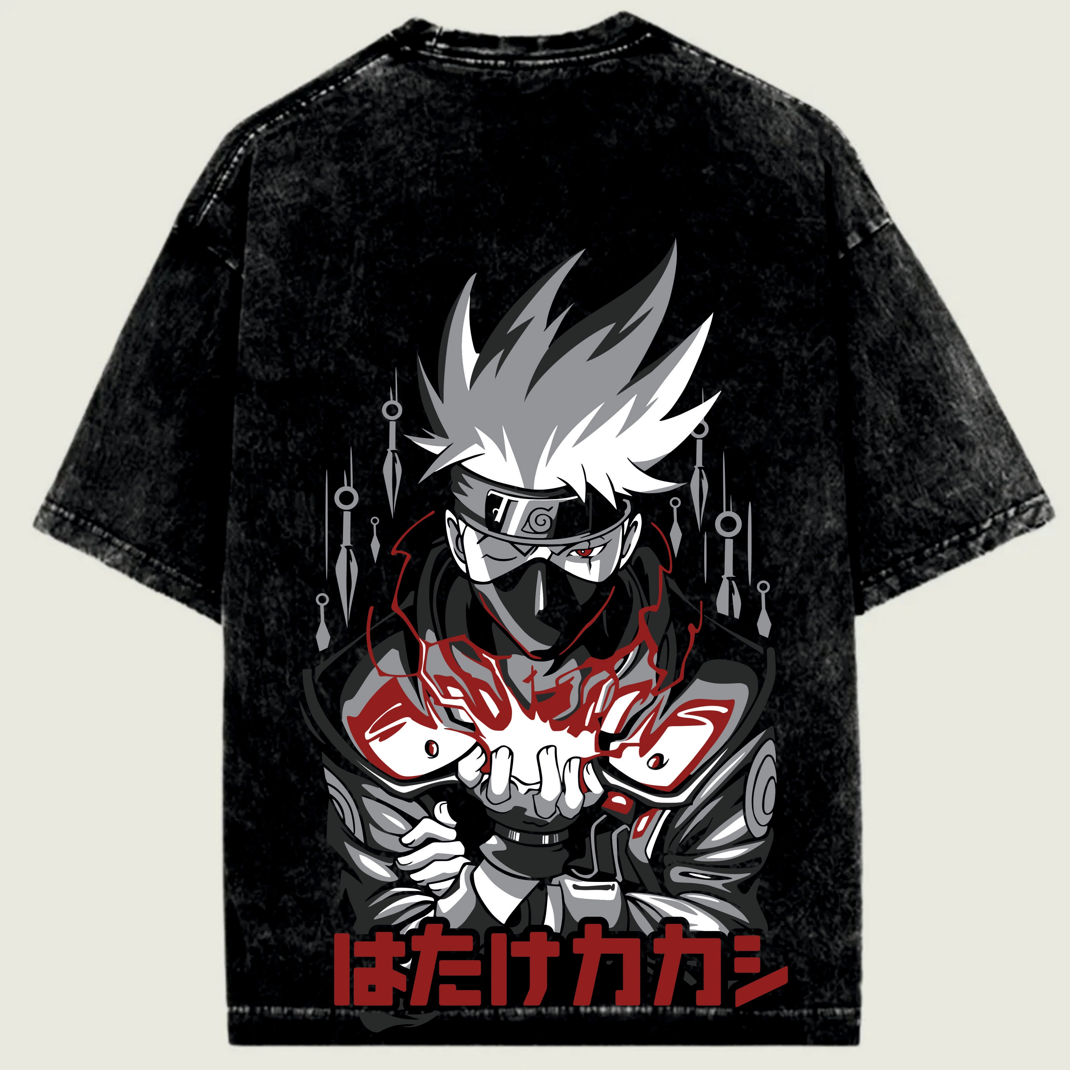 Black t-shirt with anime character kakashi design on a light green background