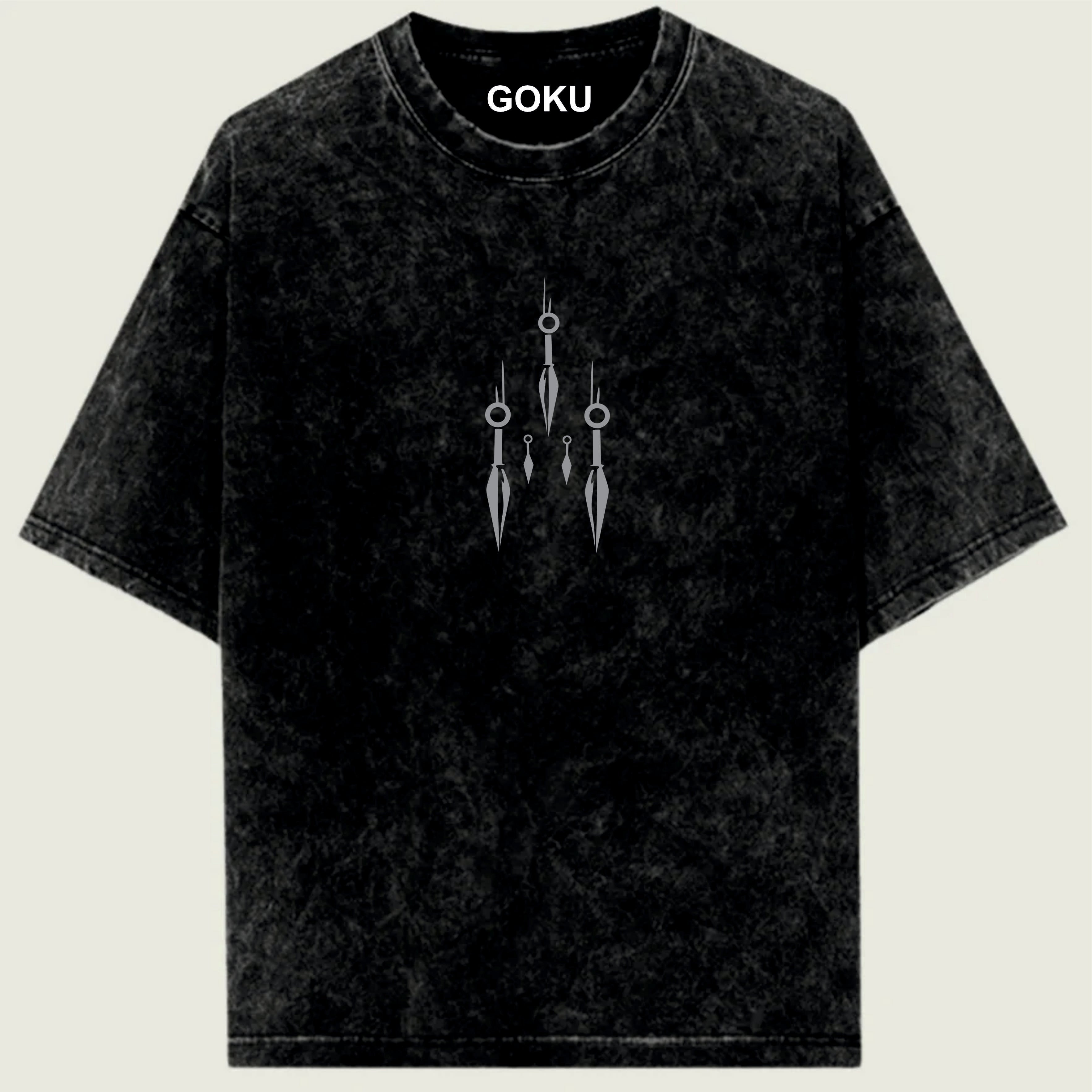 Black t-shirt with 'GOKU' branding and symbol on a light green background