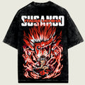 Black t-shirt with red and white graphic design on a light green background