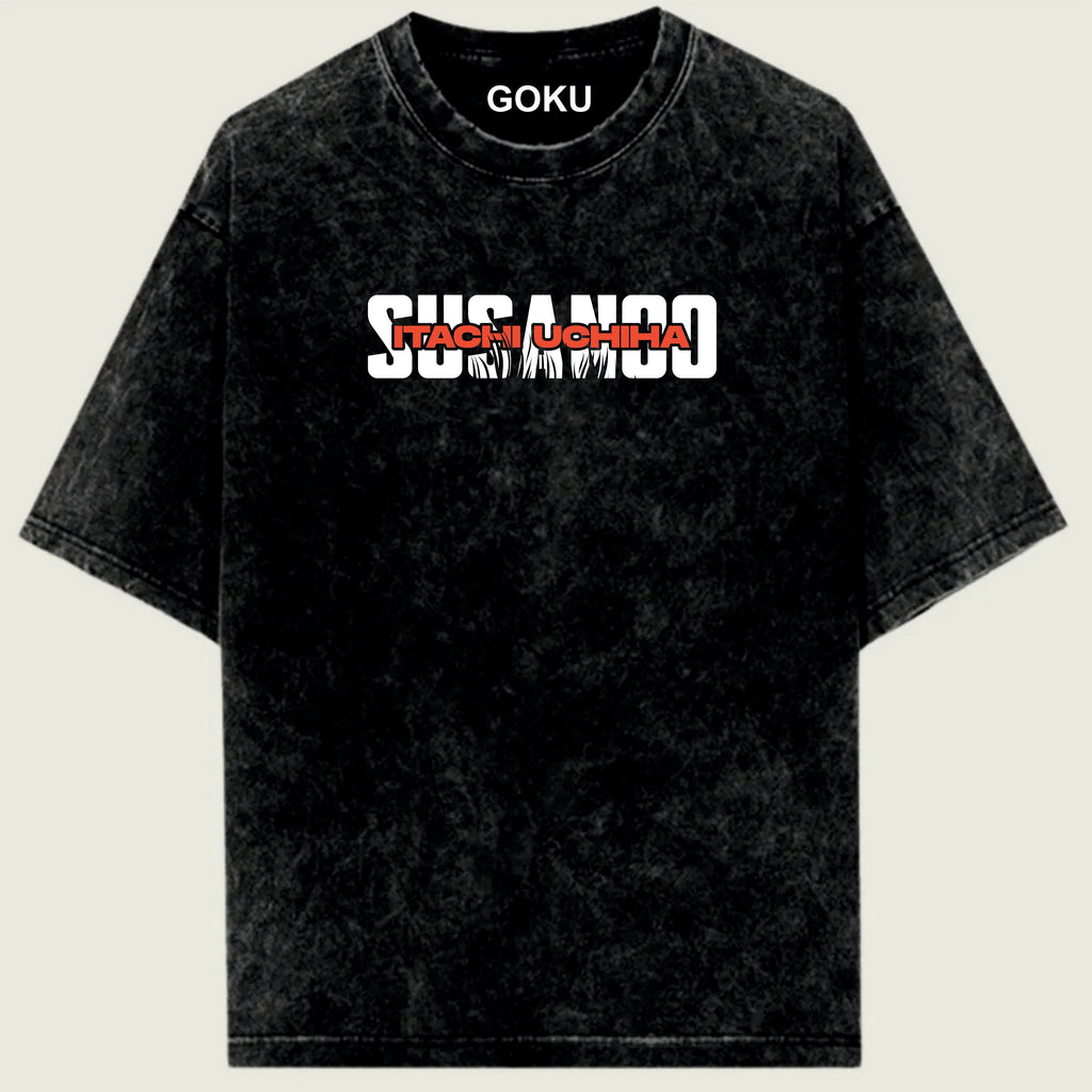 Black t-shirt with 'SUSANCO' and 'GOKU' text on a light green background