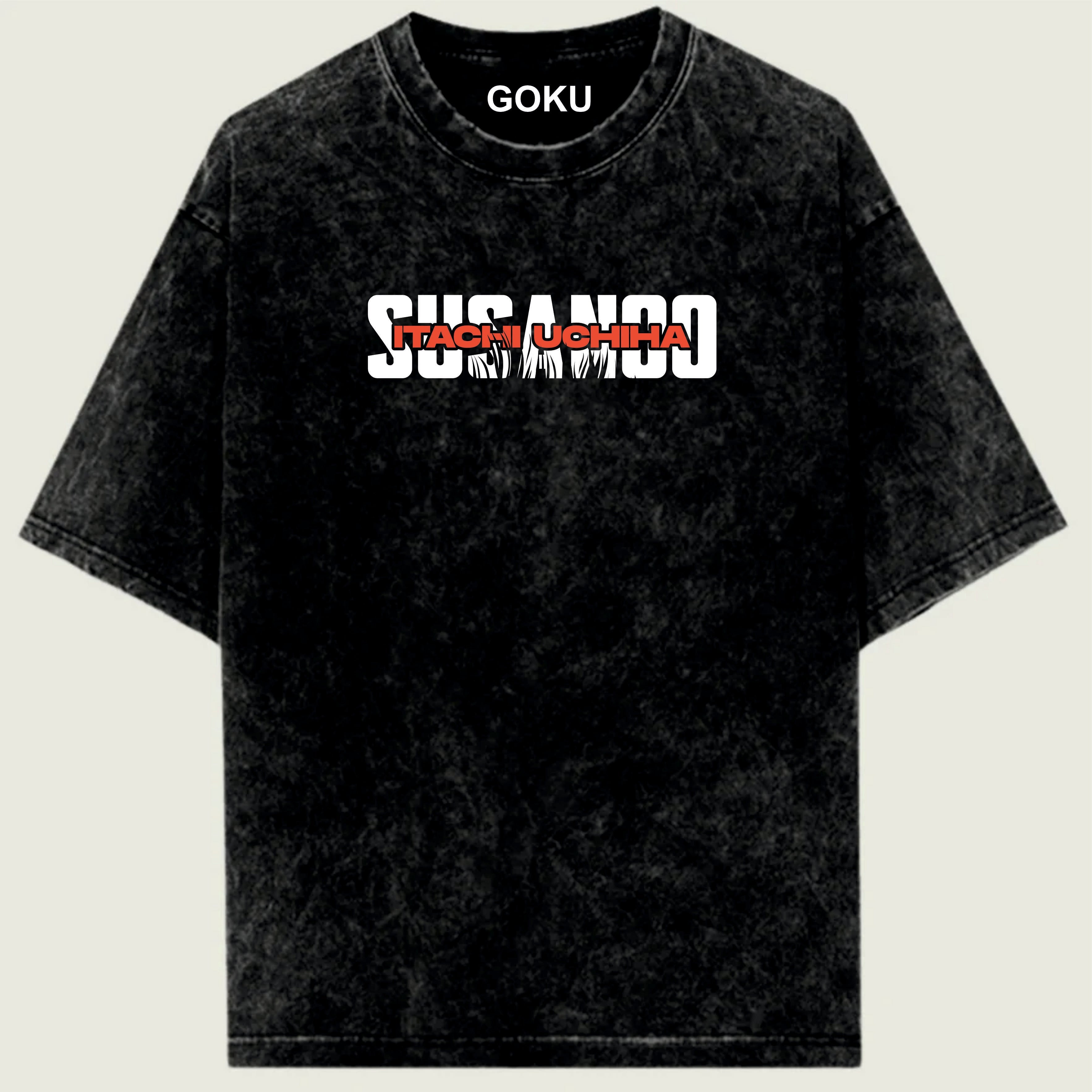 Black t-shirt with 'SUSANCO' and 'GOKU' text on a light green background