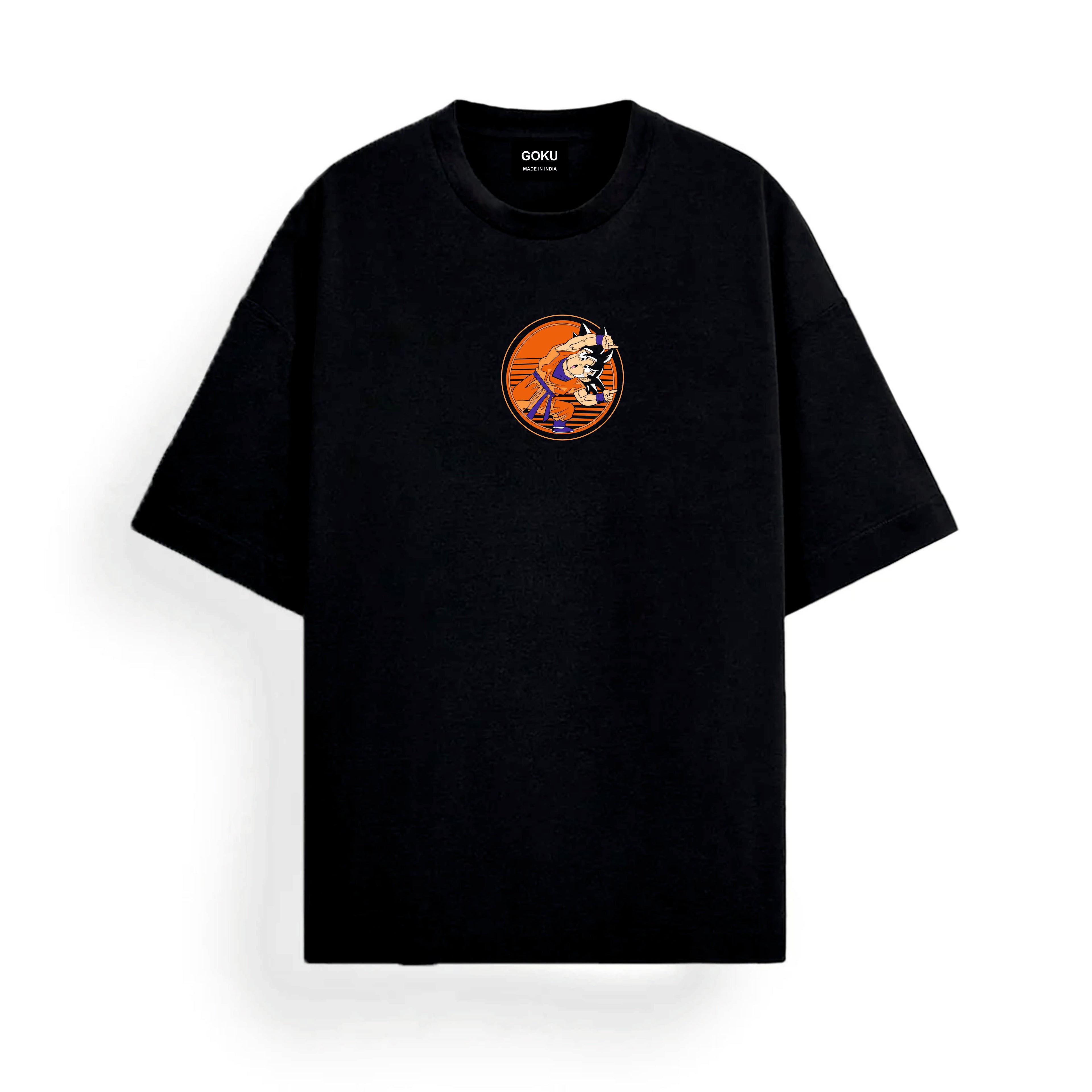 Black t-shirt with a small graphic on the chest against a white background