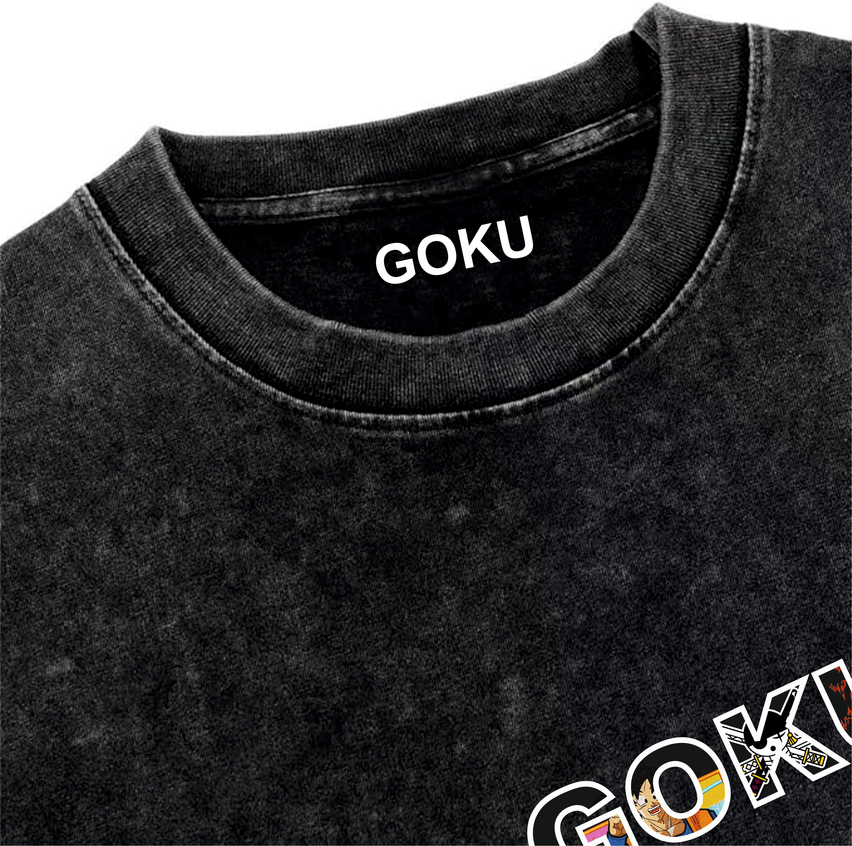Black t-shirt with 'GOKU' printed on a white background