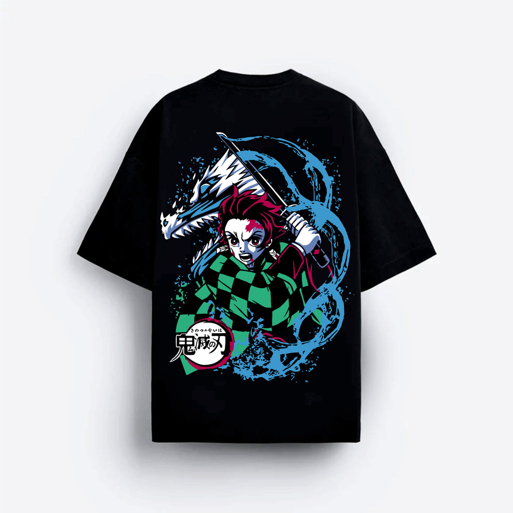 Black t-shirt with colorful graphic design featuring a character and dragon Demon slayer tanjiro