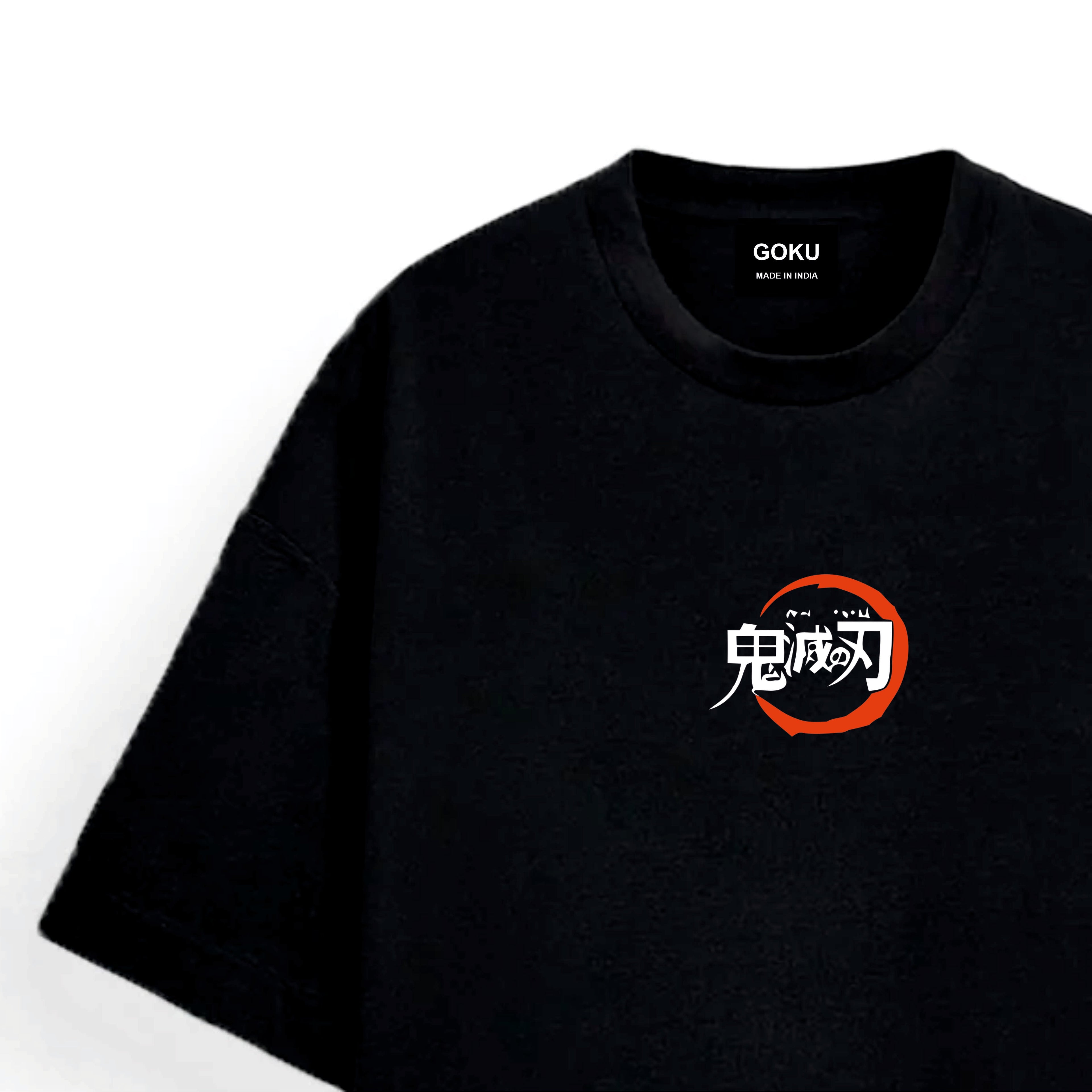 Black t-shirt with a red and white logo