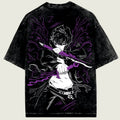 Black t-shirt with a graphic design of a Solo leveling  character holding a sword on a beige background