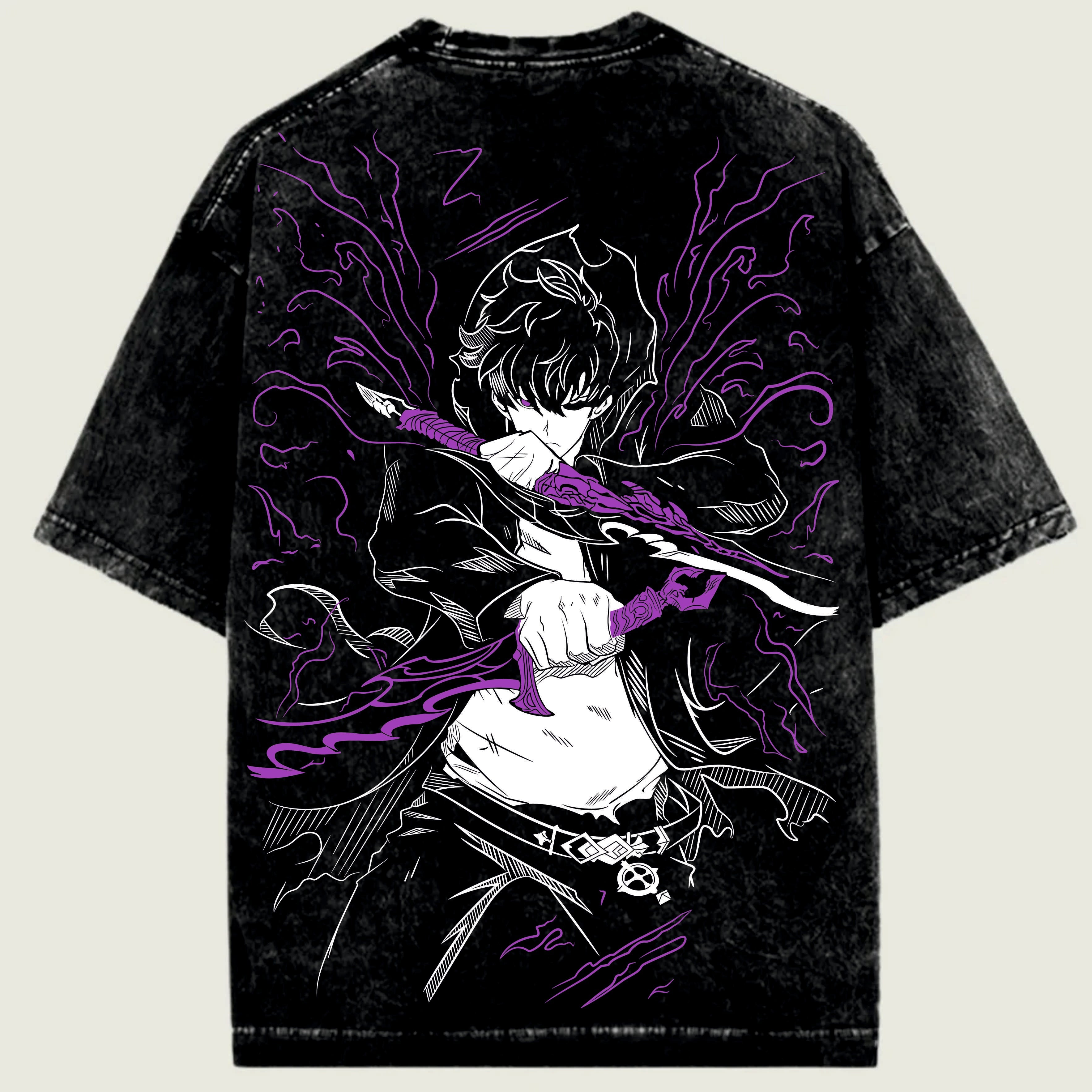 Black t-shirt with a graphic design of a Solo leveling  character holding a sword on a beige background