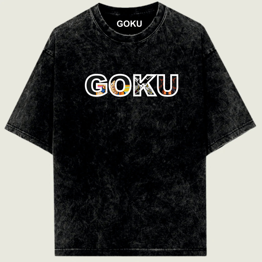 Black t-shirt with 'GOKU' printed on it against a light green background