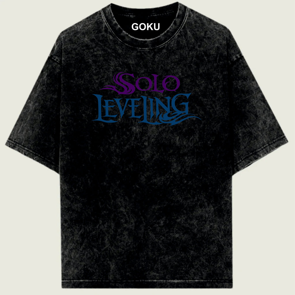 Black t-shirt with 'Solo Leveling' text and 'GOKU' branding on a beige background