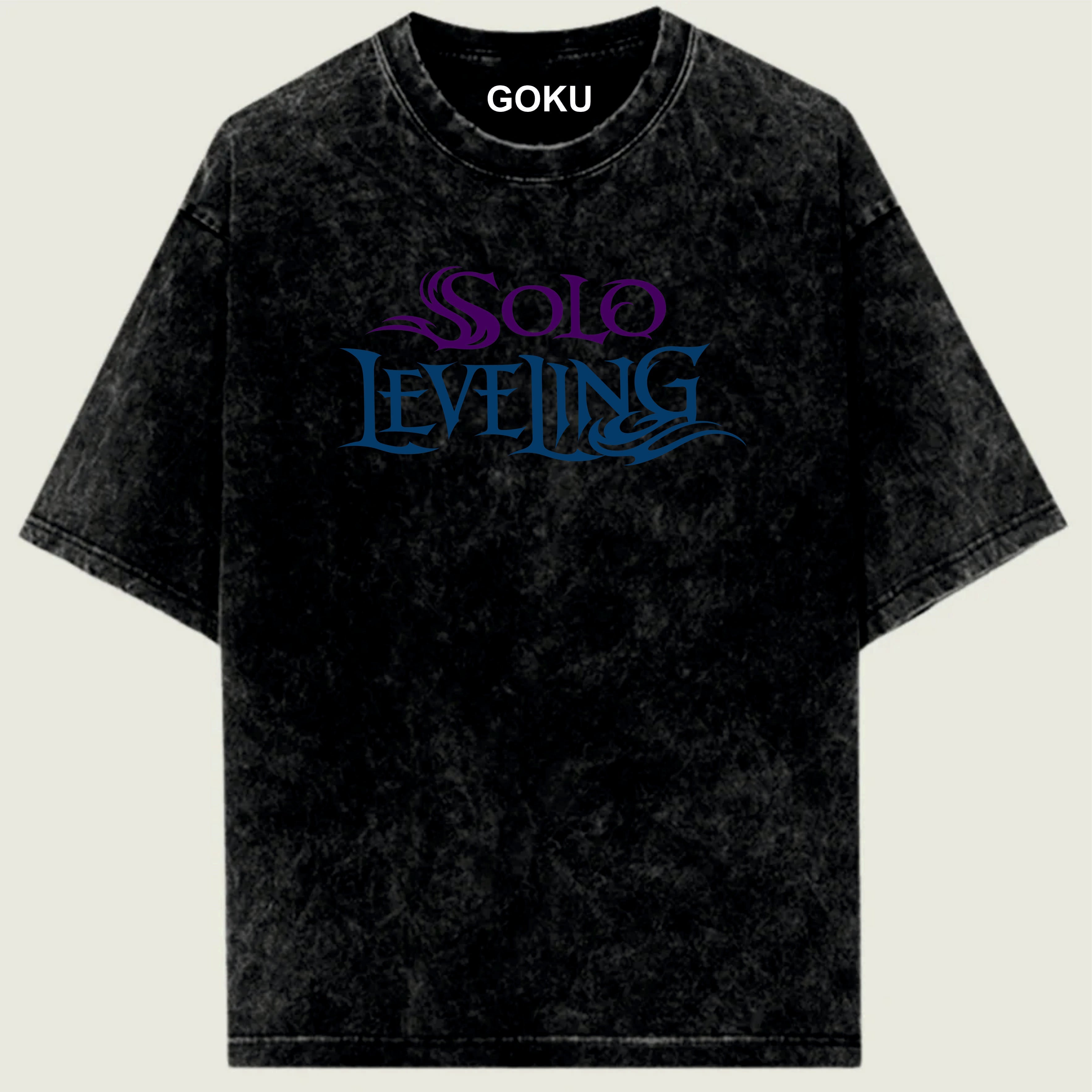 Black t-shirt with 'Solo Leveling' text and 'GOKU' branding on a beige background