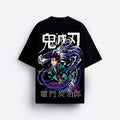 Black t-shirt with colorful graphic demon slayer design and Japanese text