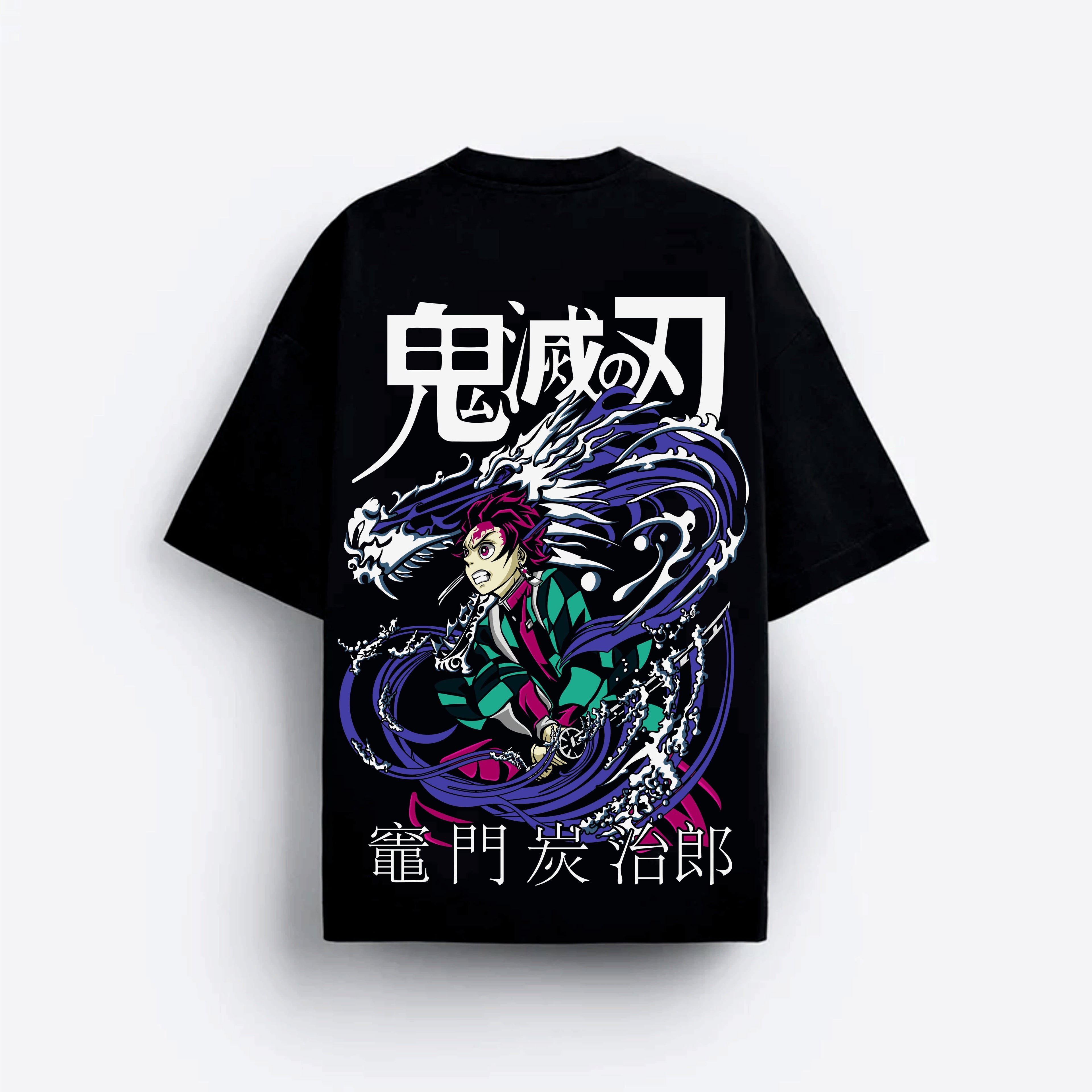 Black t-shirt with colorful graphic demon slayer design and Japanese text