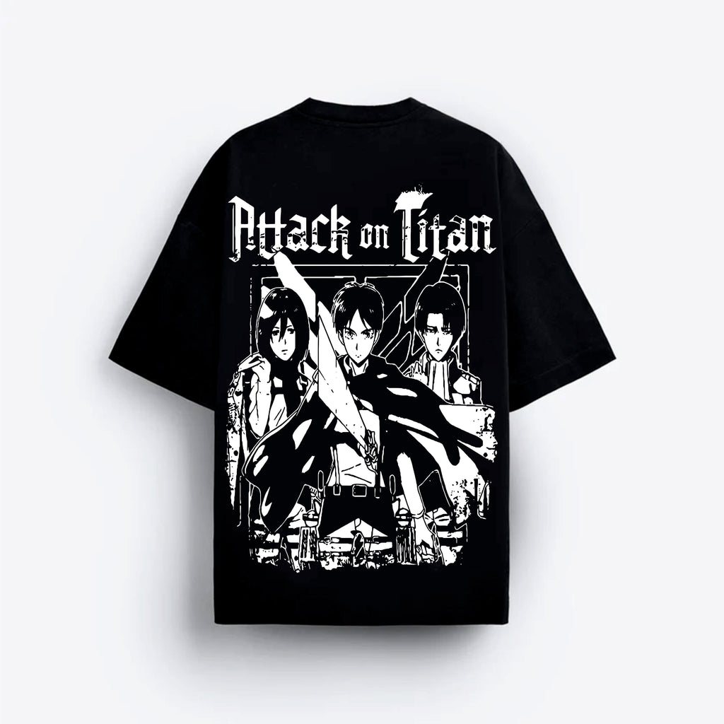 Black t-shirt with 'Attack on Titan' graphic design on a white background