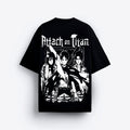 Black t-shirt with 'Attack on Titan' graphic design on a white background