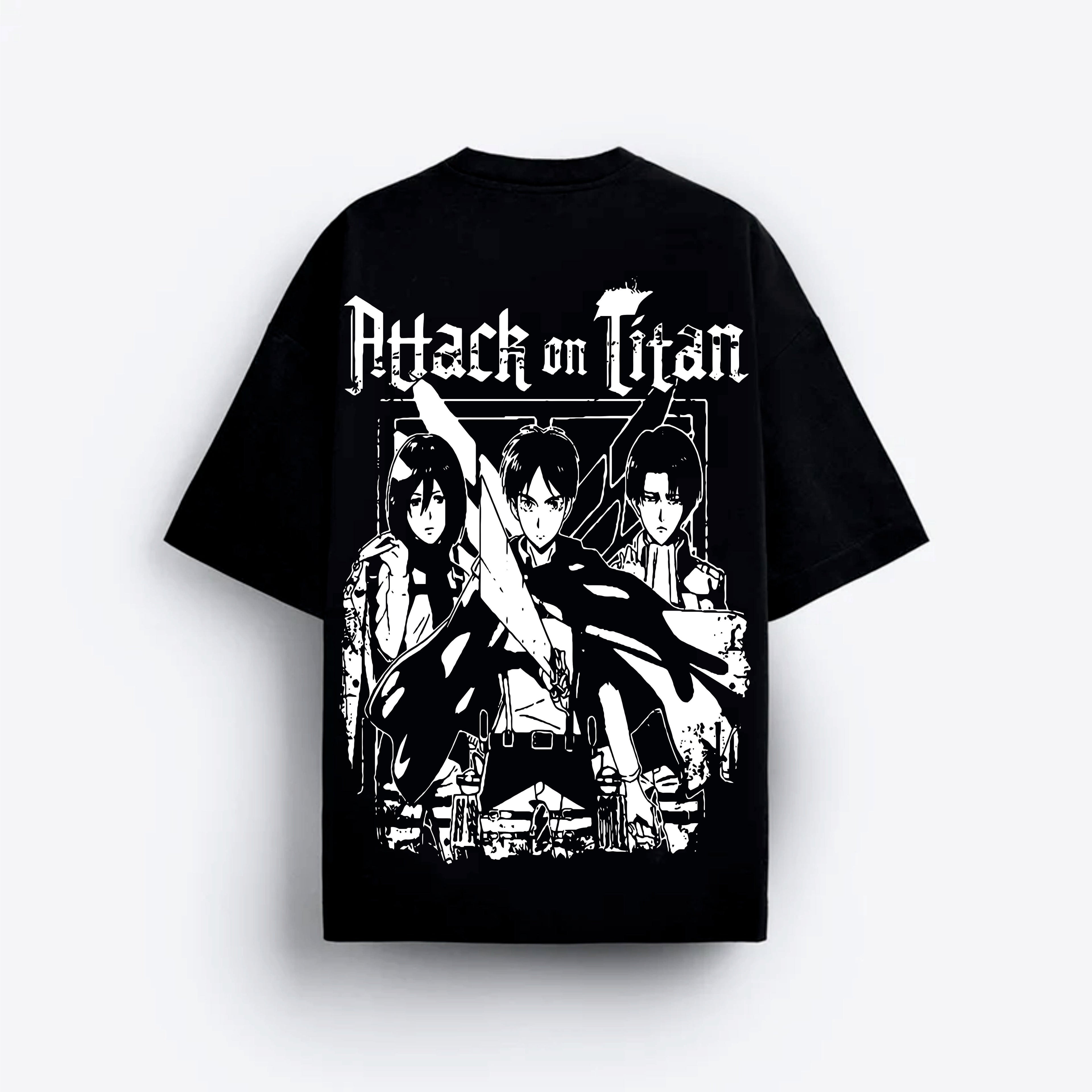 Black t-shirt with 'Attack on Titan' graphic design on a white background