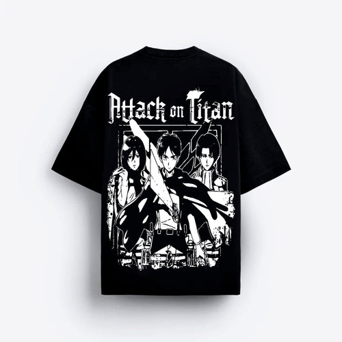 Black t-shirt with 'Attack on Titan' graphic design on a white background