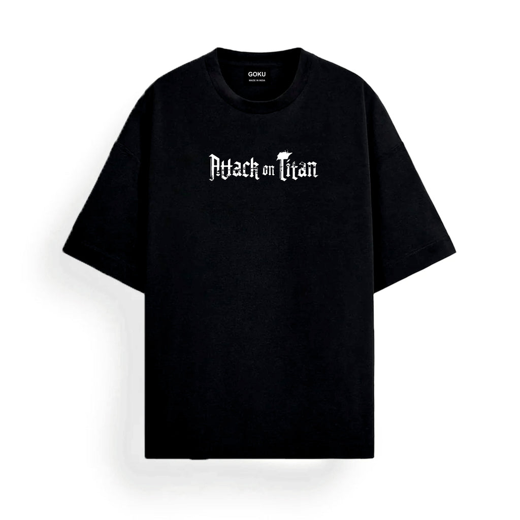 Black t-shirt with 'Attack on Titan' text on a white background