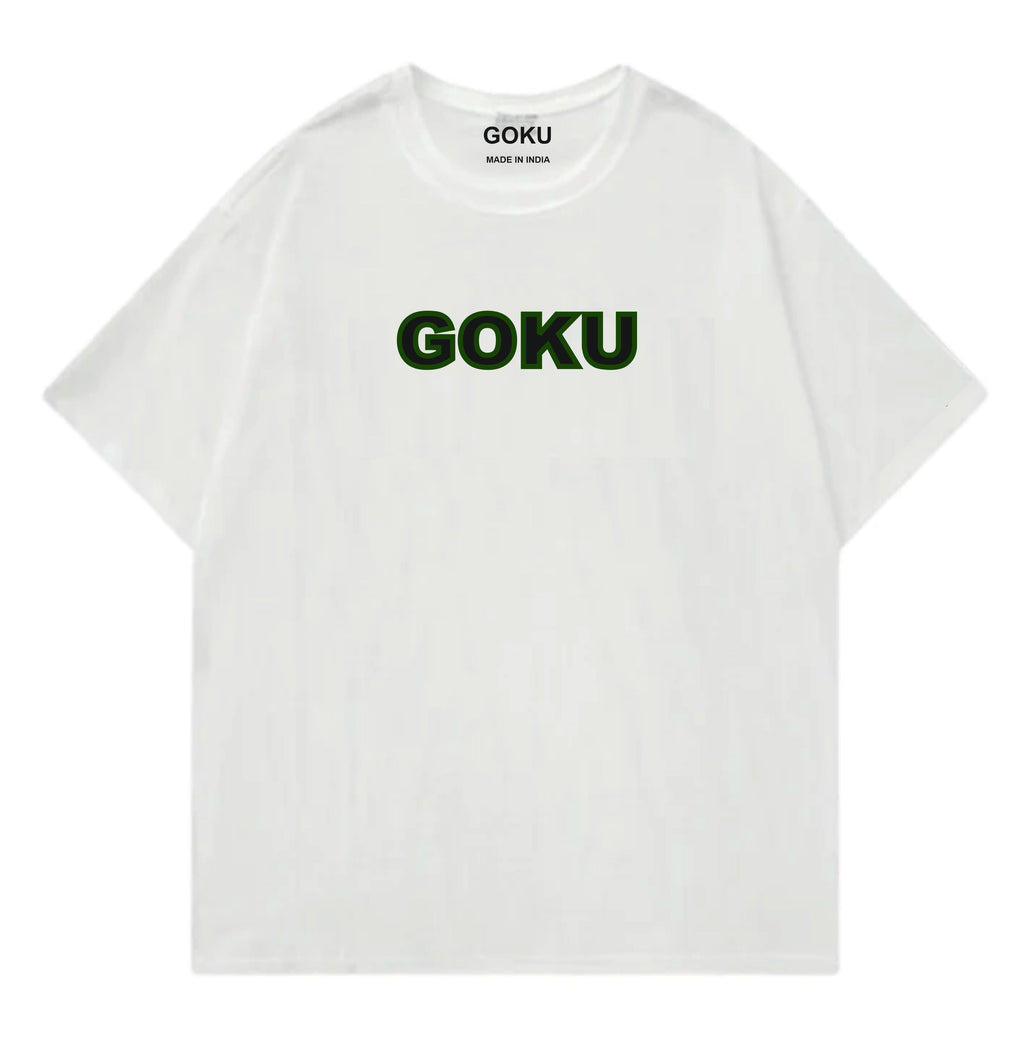 White t-shirt with 'GOKU' printed in green on a white background