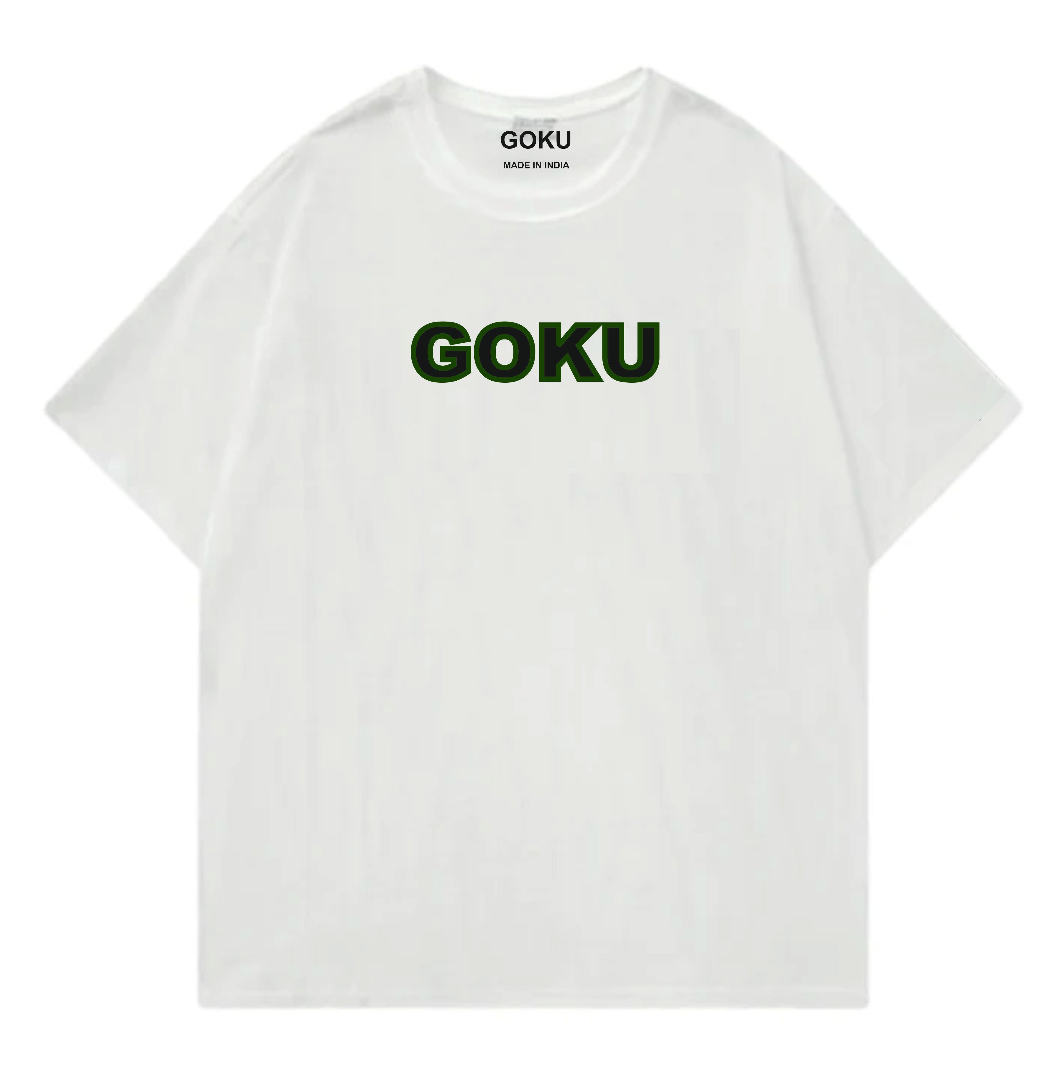 White t-shirt with 'GOKU' printed in green on a white background