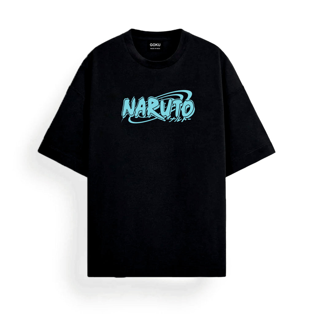 Black t-shirt with 'Naruto' logo in teal on a white background