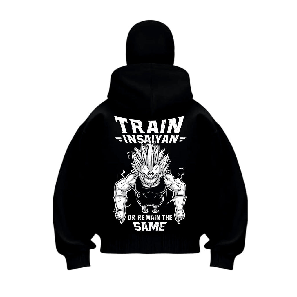 Black balaclava hoodie with a graphic design vegeta goku insaiyan worn by a person.