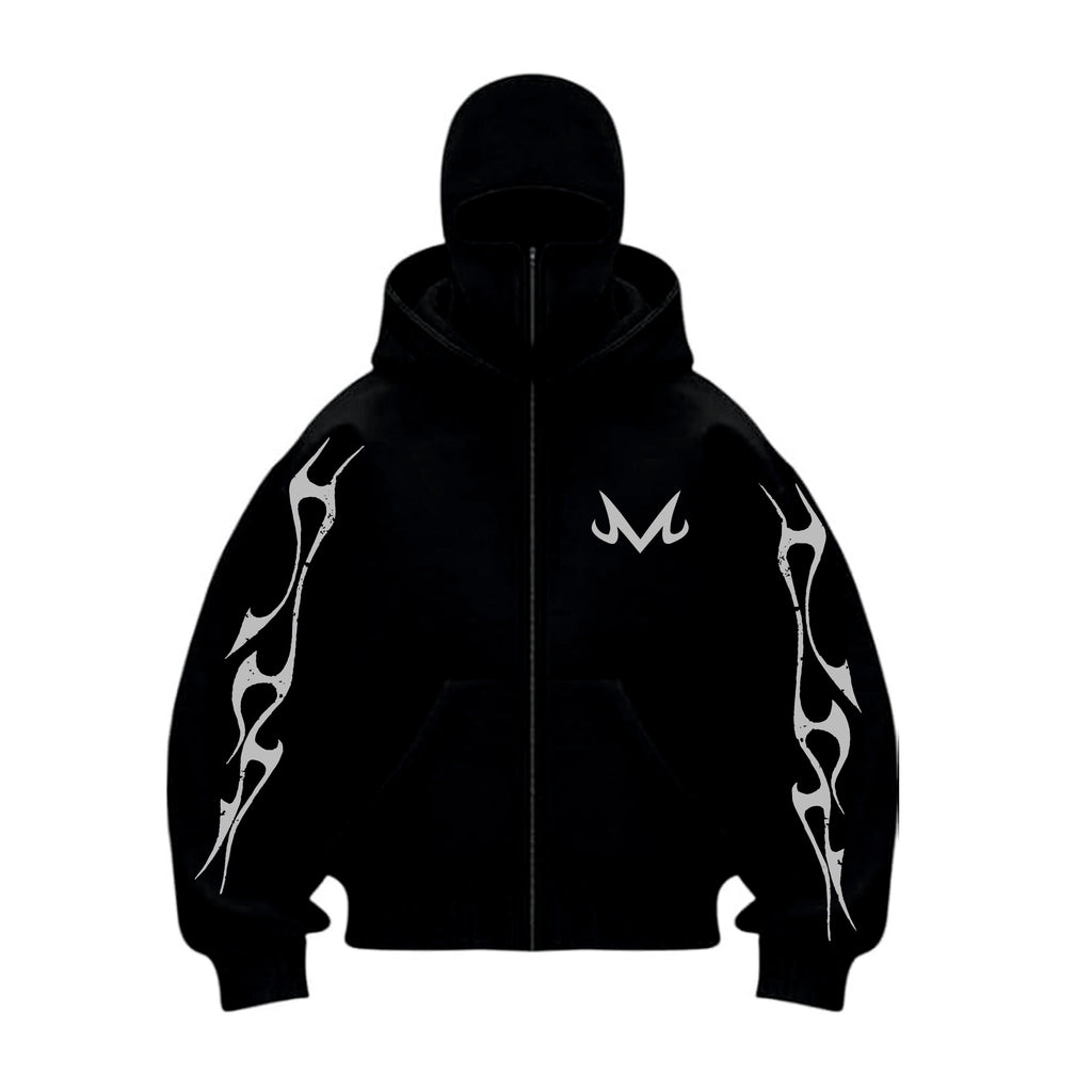 Black hoodie with white tribal designs and logo on a white background