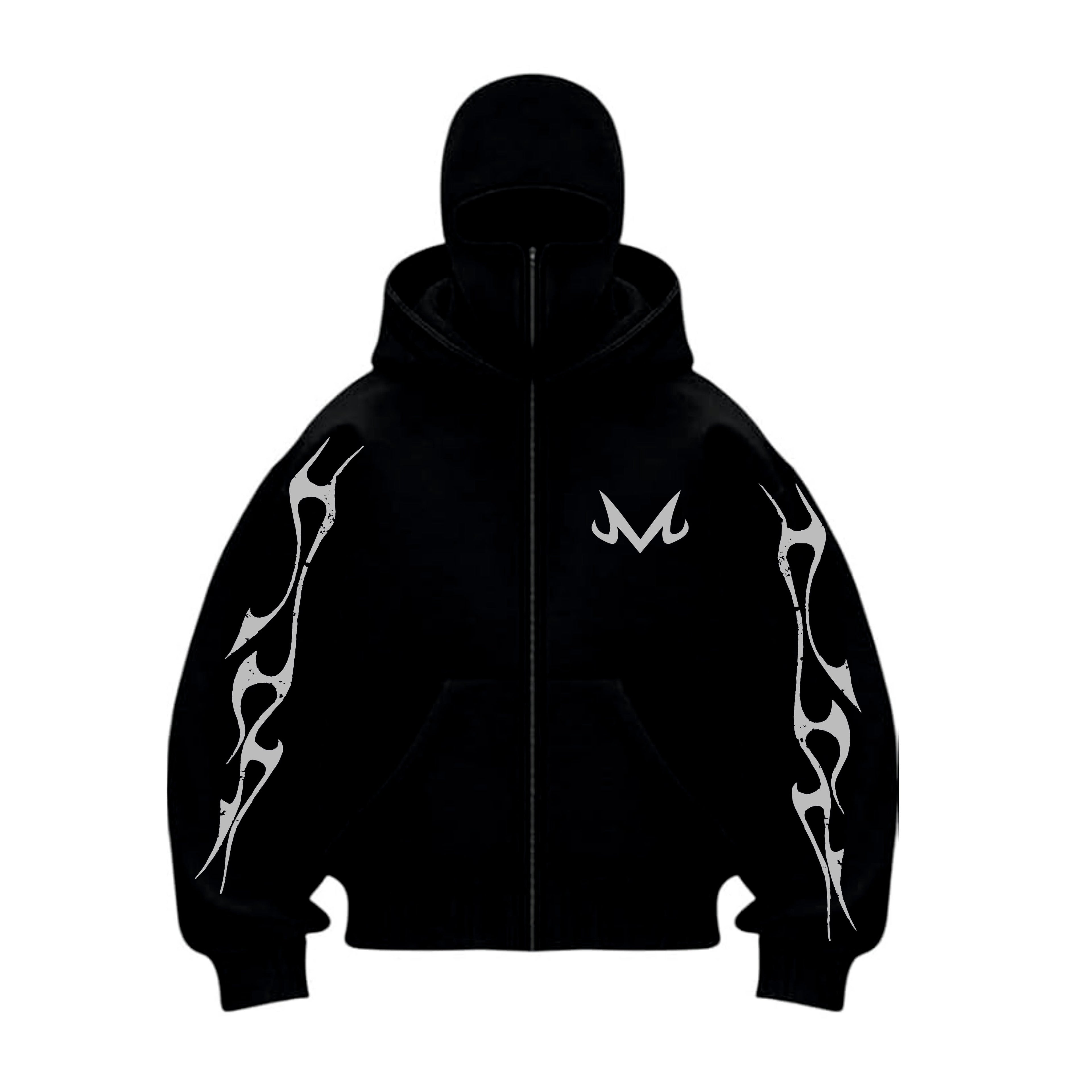 Black hoodie with white tribal designs and logo on a white background