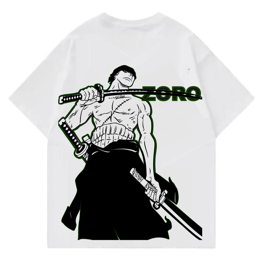 White t-shirt with a graphic of a character holding a sword and the name 'Zoro' on a white background
