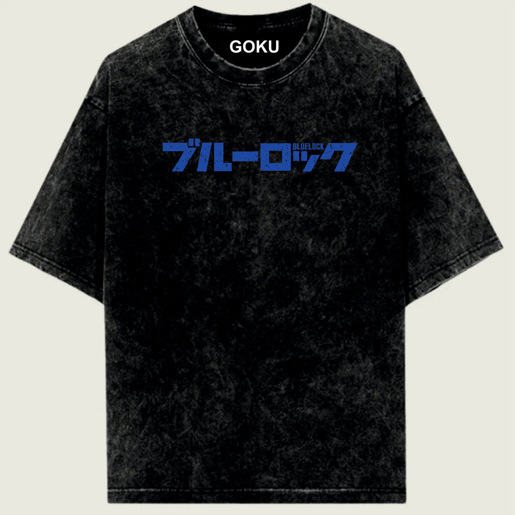 Black t-shirt with blue text and 'GOKU' branding on a light green background