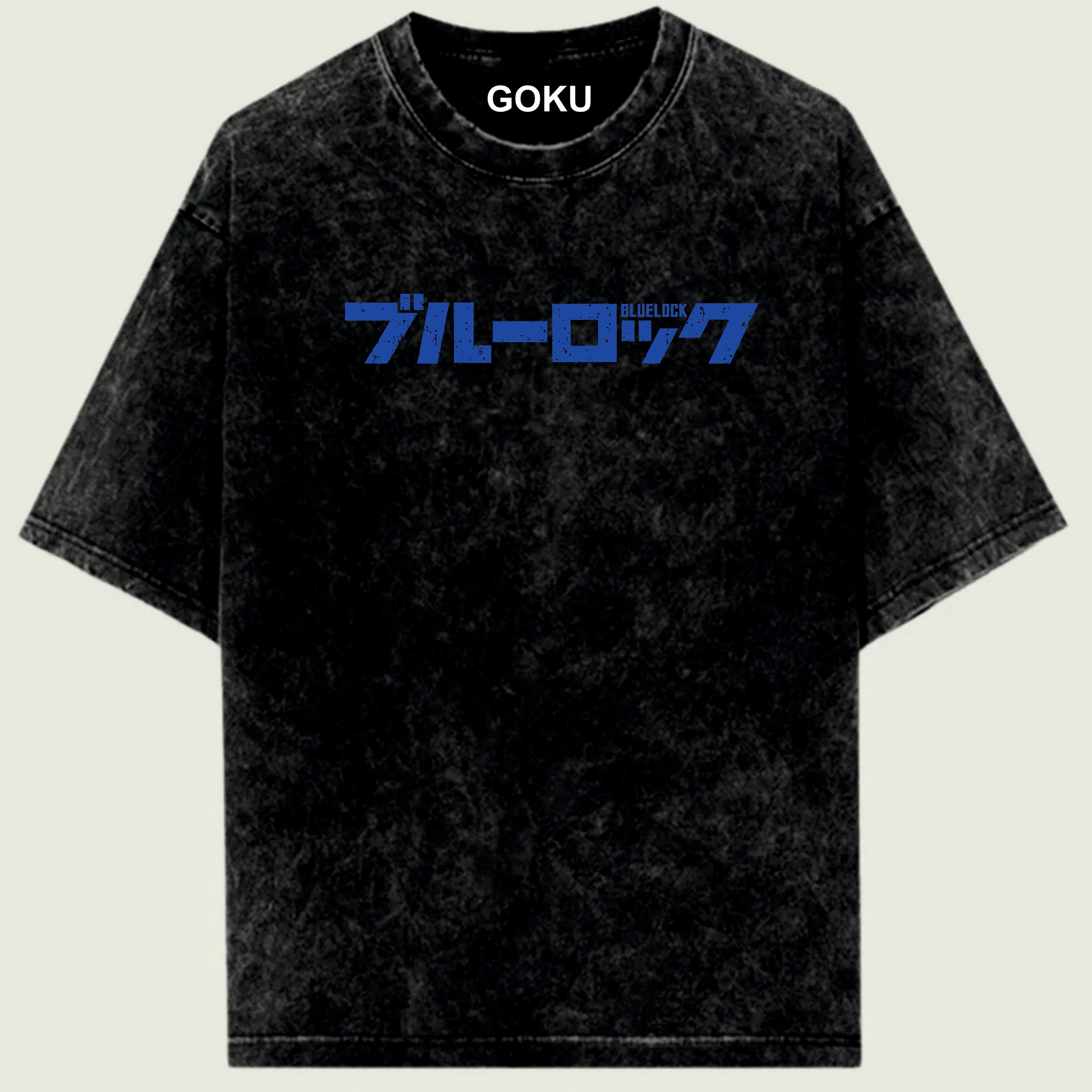Black t-shirt with blue text and 'GOKU' branding on a light green background
