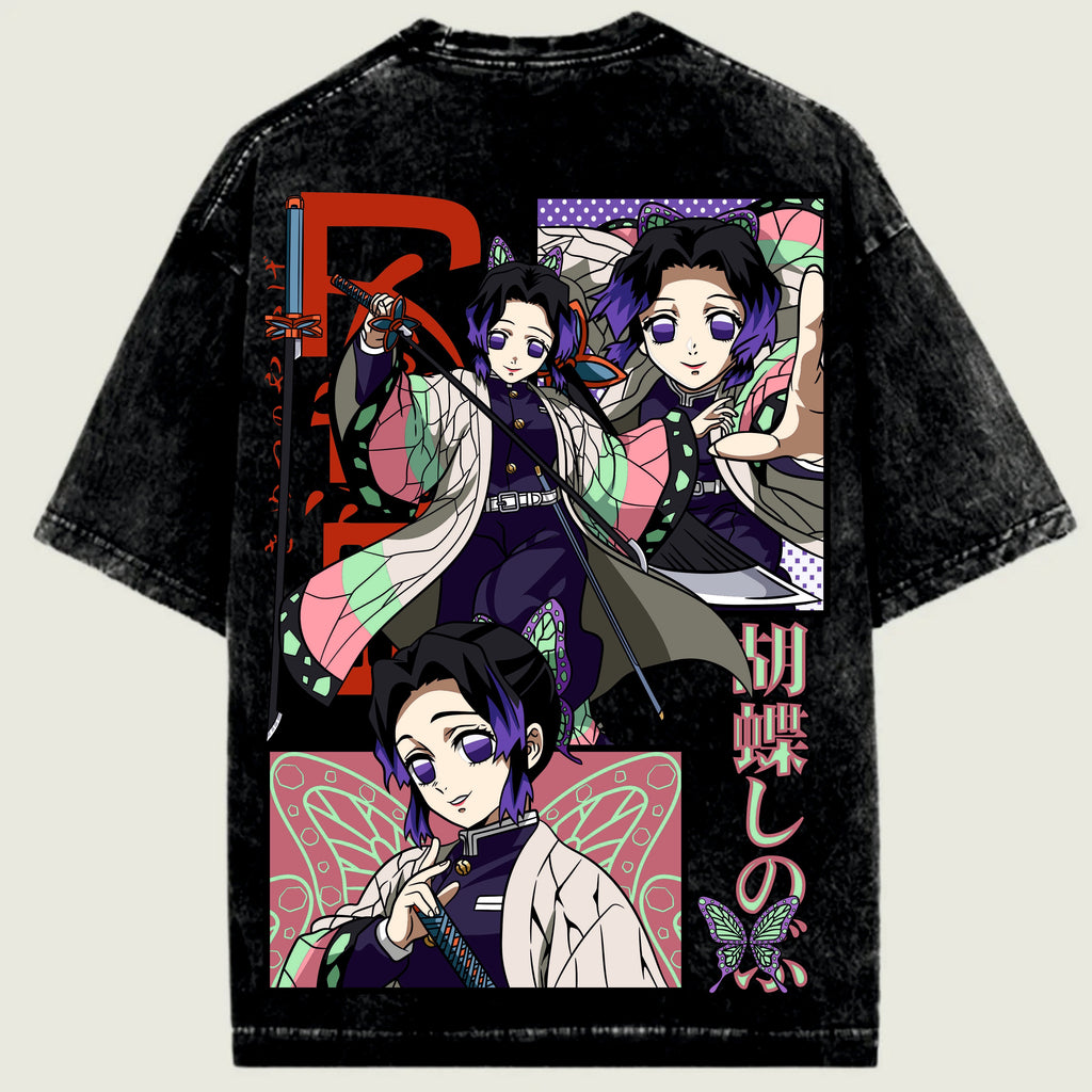 Black t-shirt with colorful anime-style character shinobo design on a light green background