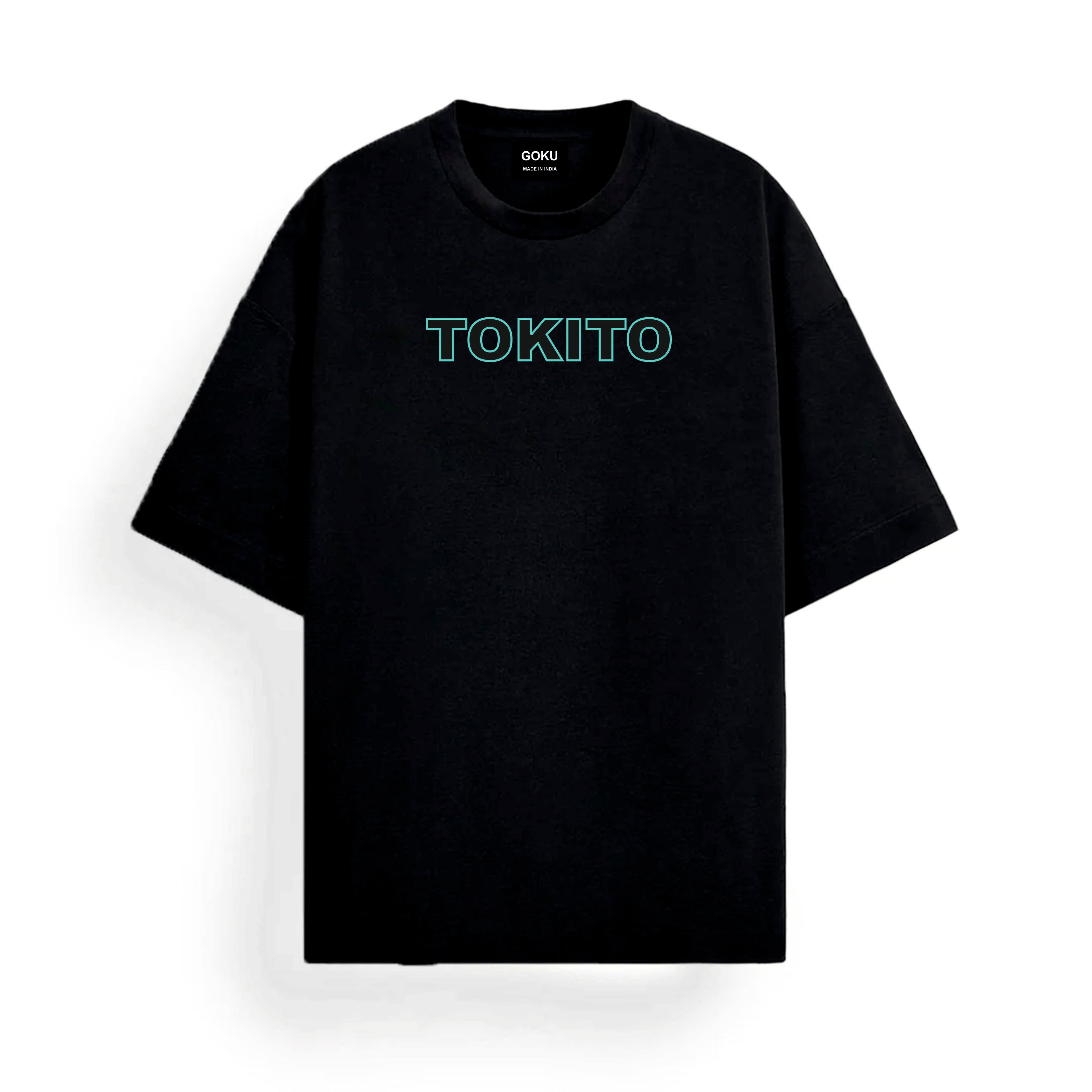 Black t-shirt with 'TOKITO' logo on a white background