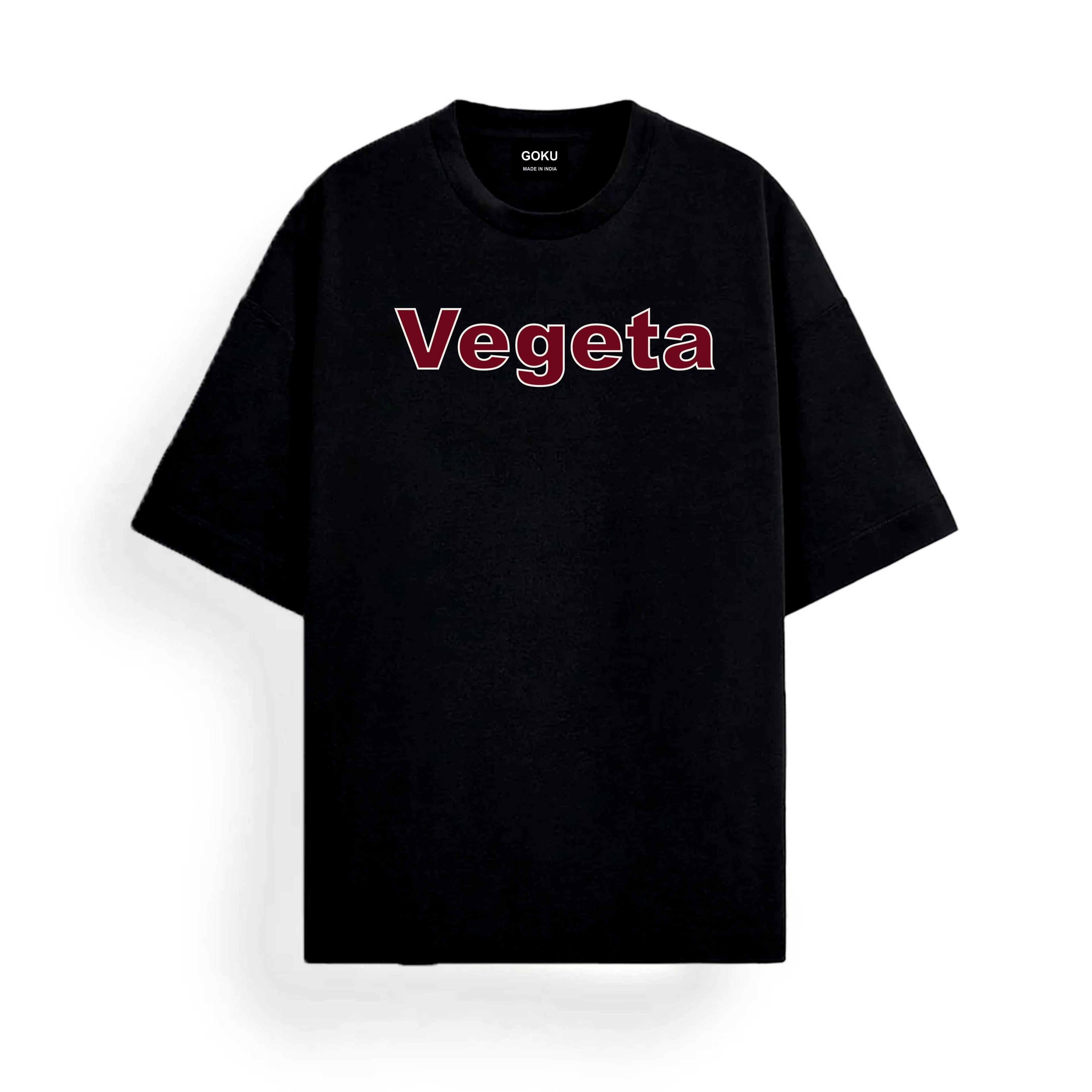 Black t-shirt with 'Vegeta' printed in red on a white background