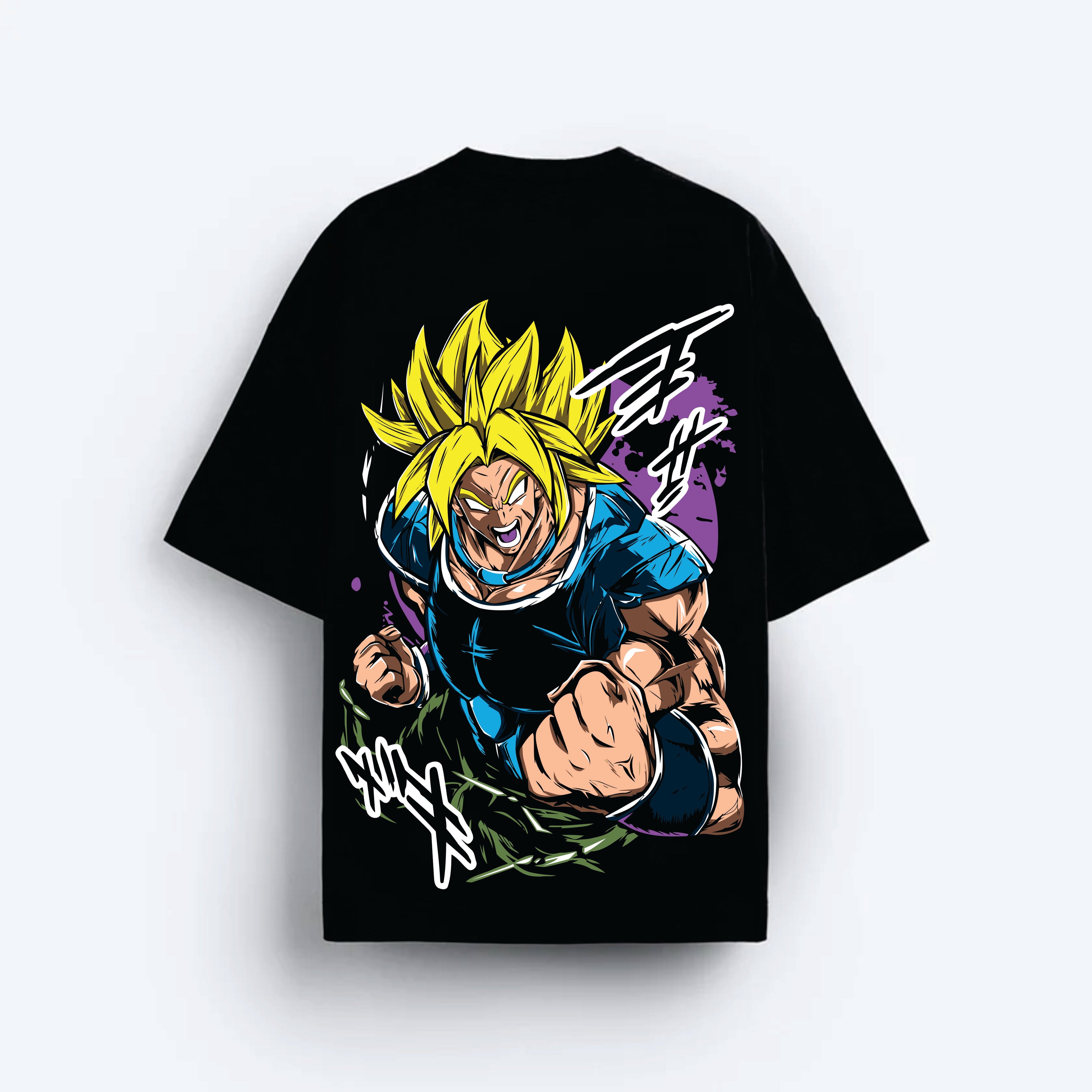 Black t-shirt with a colorful graphic of a goku super saiyon  character on a white background