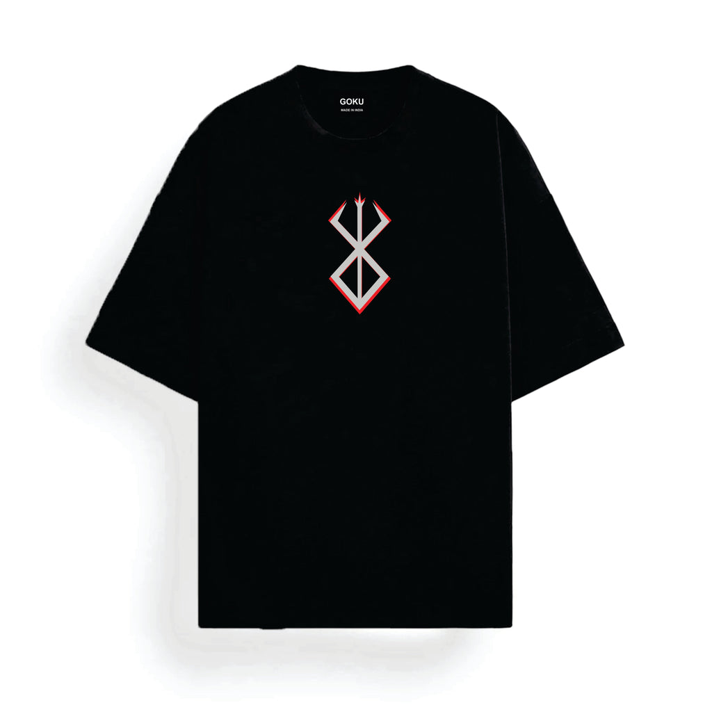Black t-shirt with a red and white symbol on a white background