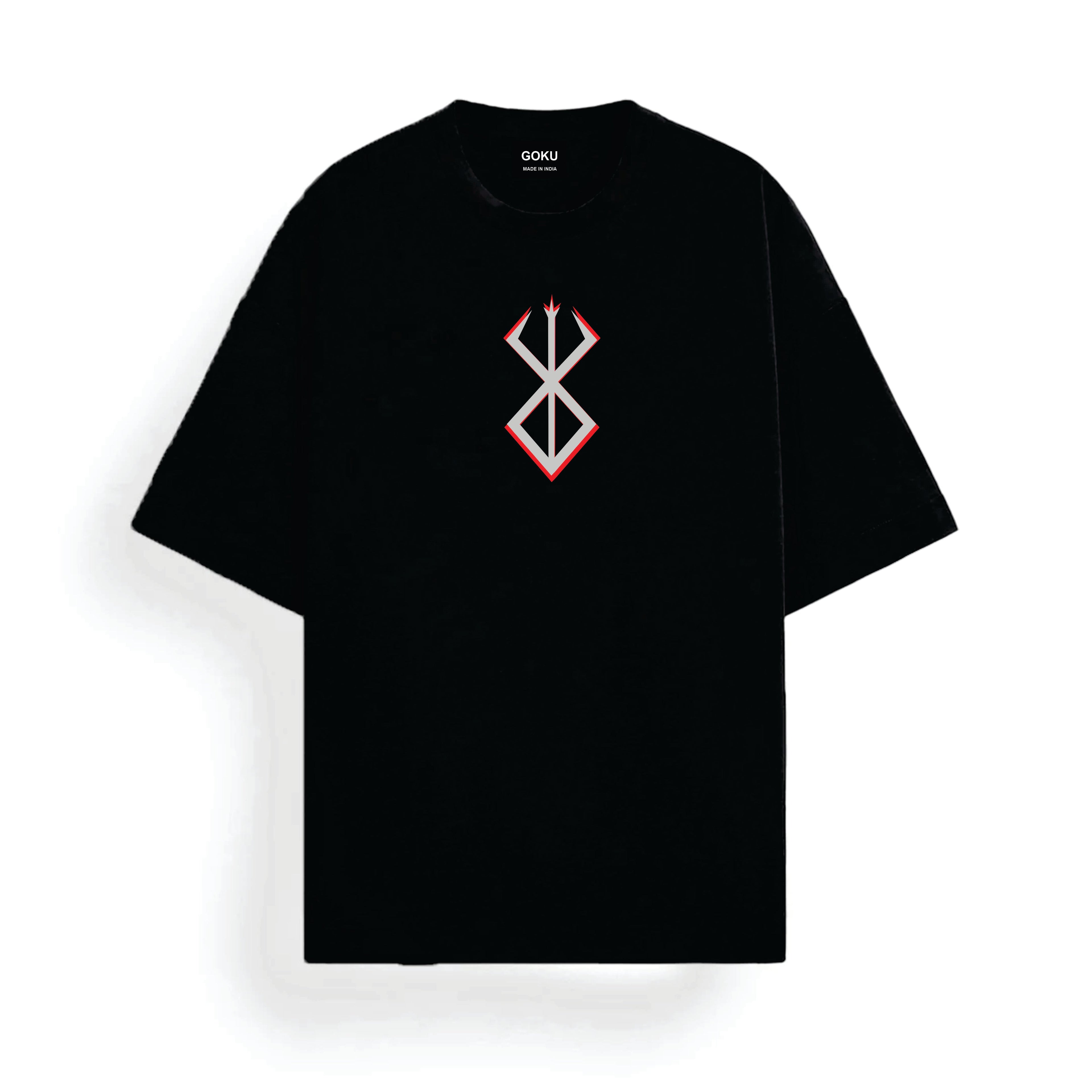 Black t-shirt with a red and white symbol on a white background