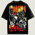 Black t-shirt with graphic design of two characters on a motorcycle and red text on a beige background