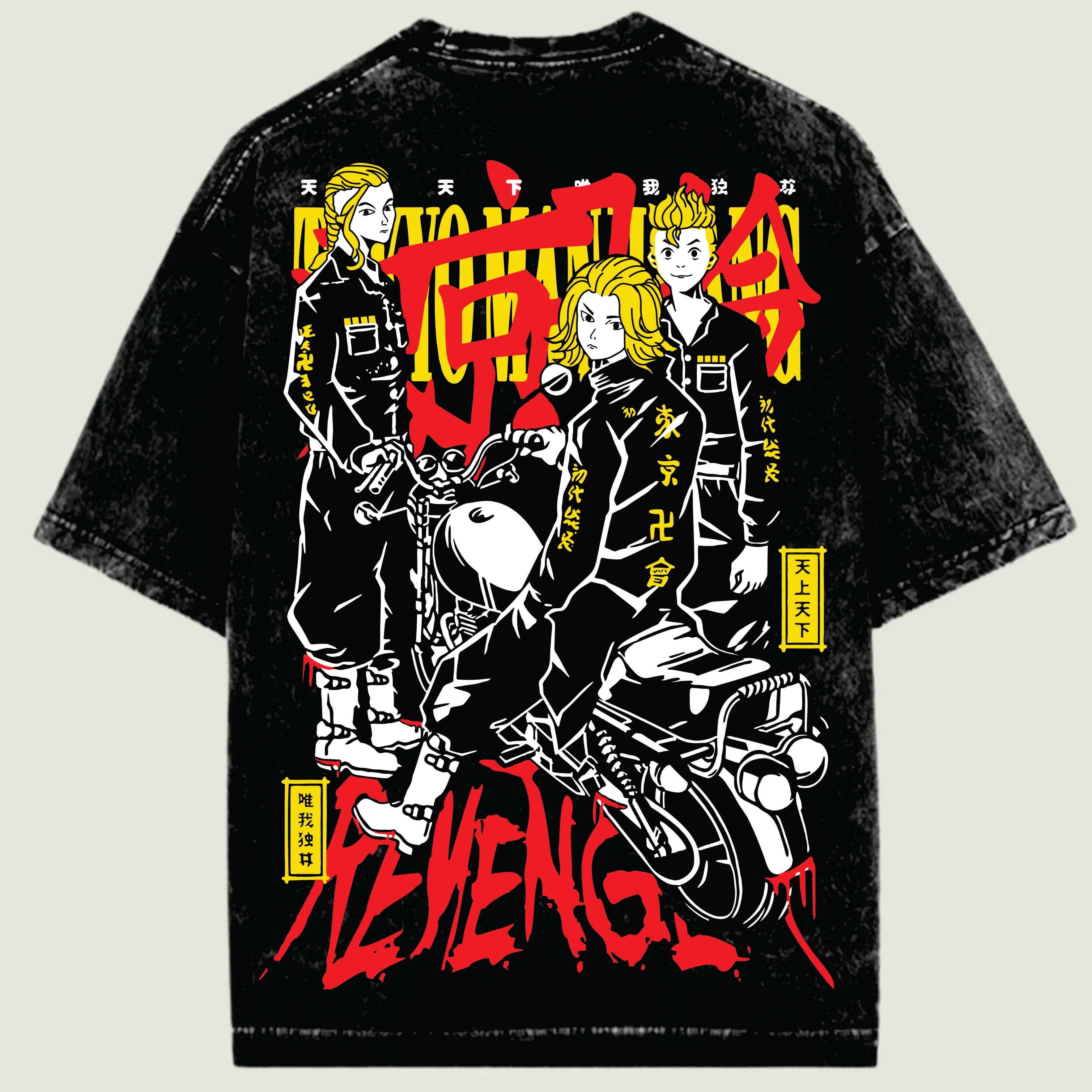 Black t-shirt with graphic design of two characters on a motorcycle and red text on a beige background