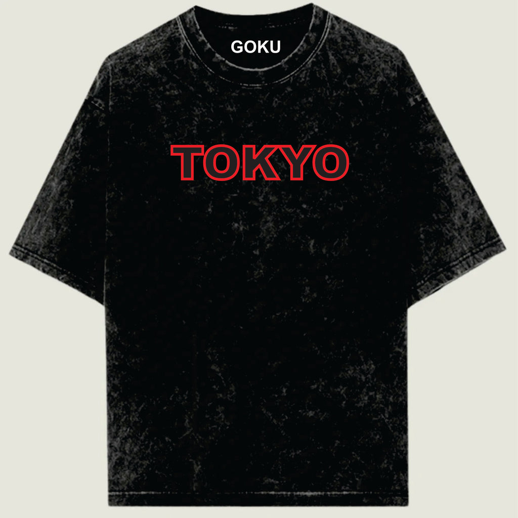 Black t-shirt with 'TOKYO' printed in red on a beige background