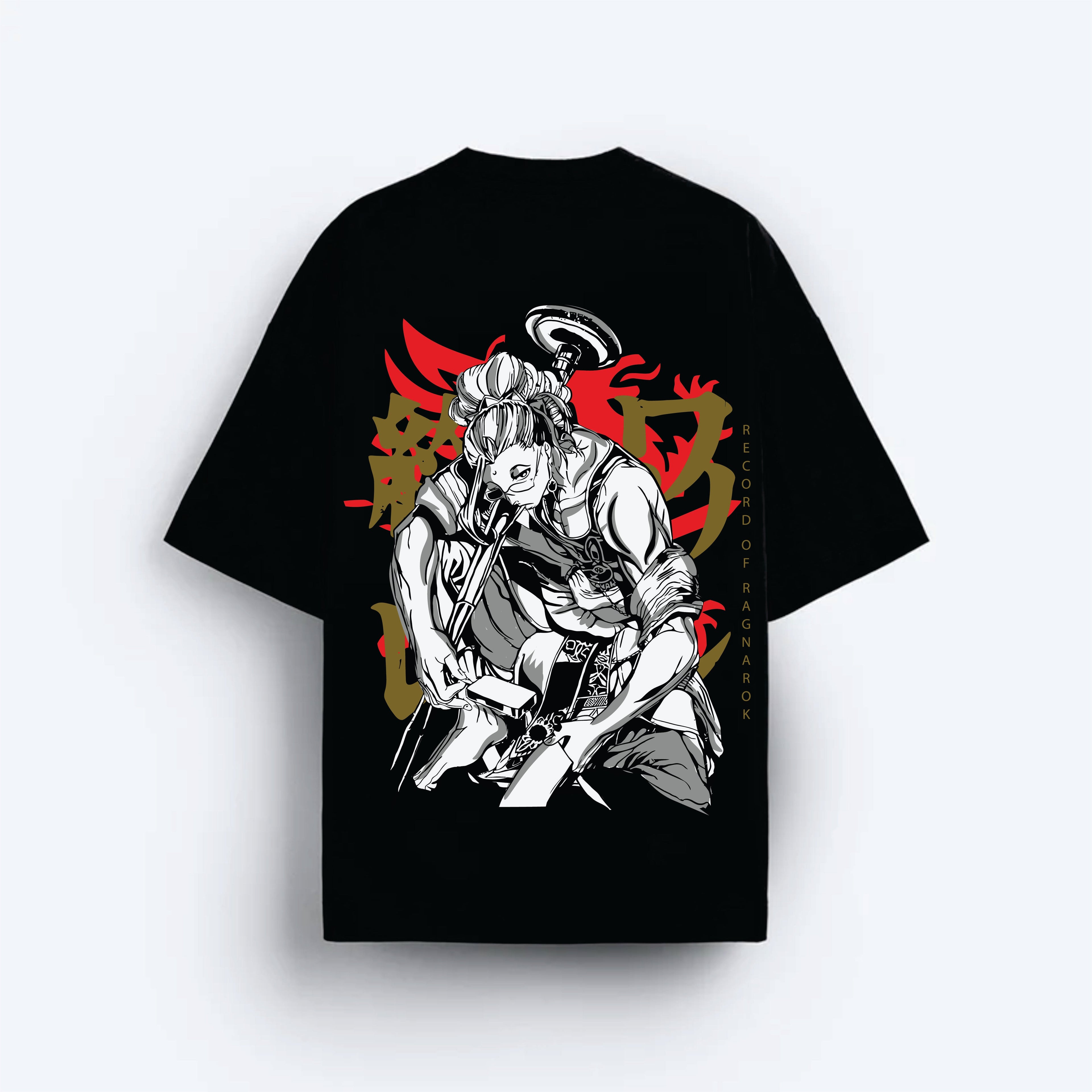 Black t-shirt with a graphic design of a person playing a guitar on a white background
