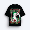 Black t-shirt with 'One Piece' character design on a white background
