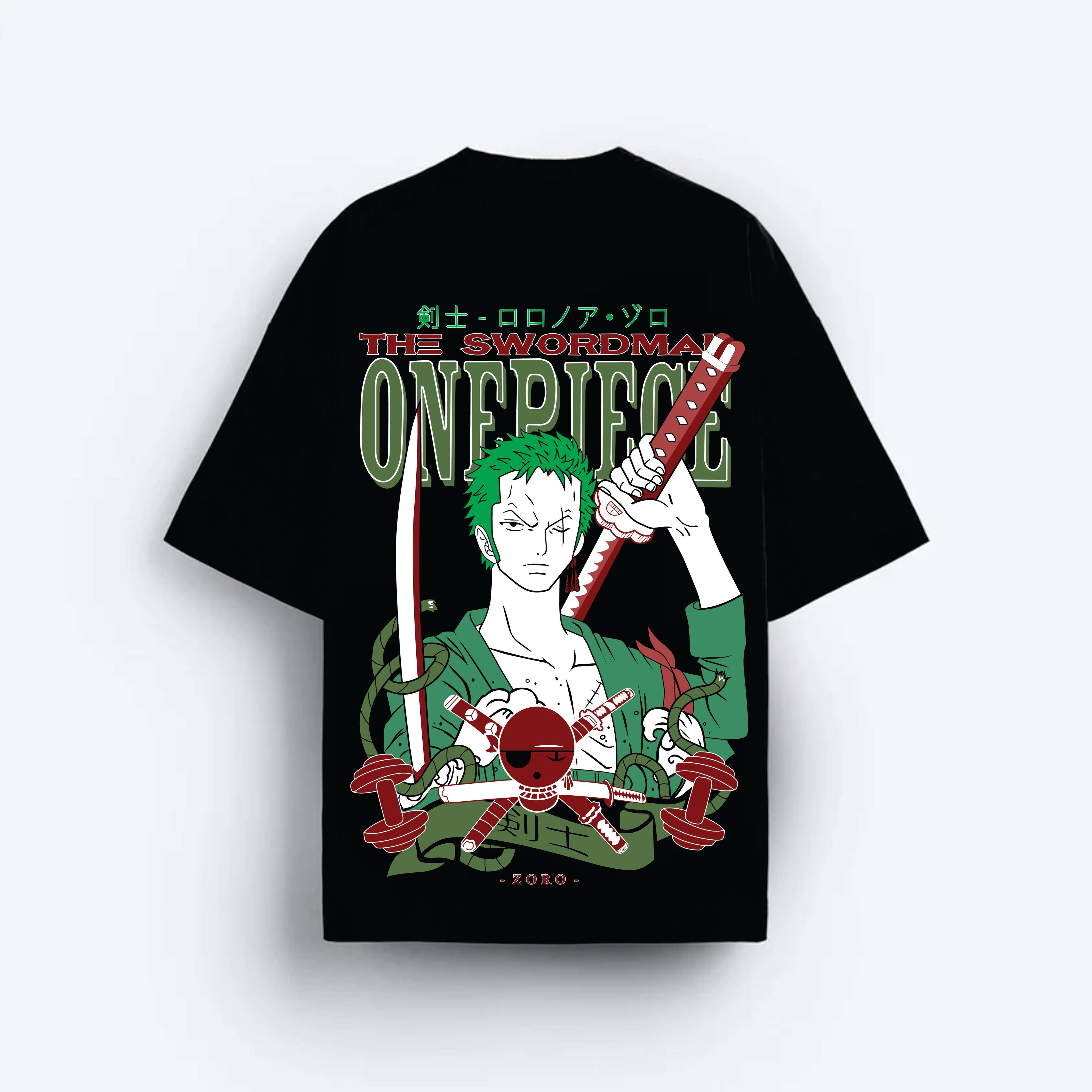 Black t-shirt with 'One Piece' character design on a white background