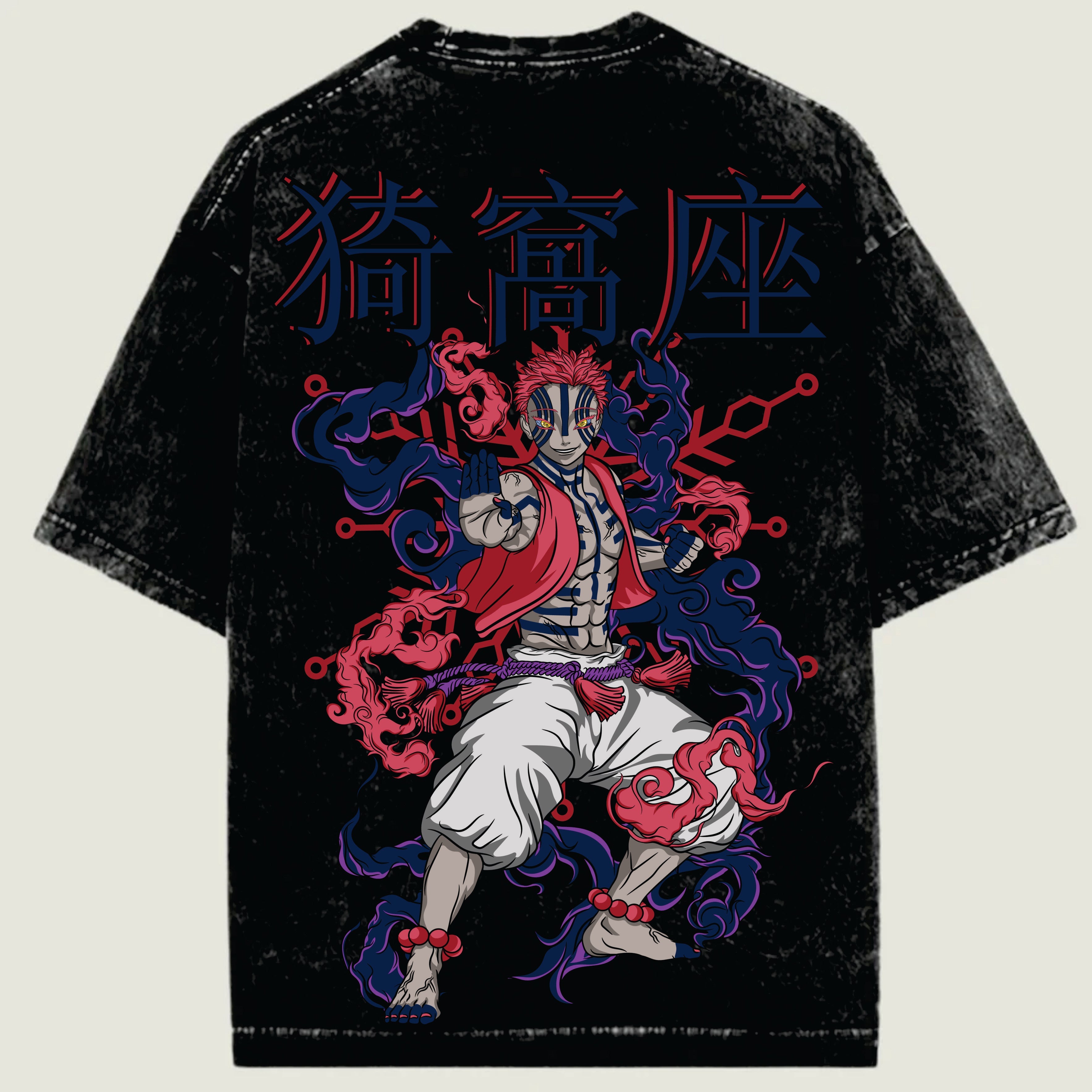 Black t-shirt with colorful graphic design of a character and Japanese text on a beige background