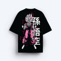 Black t-shirt with a character design and white text on a white background
