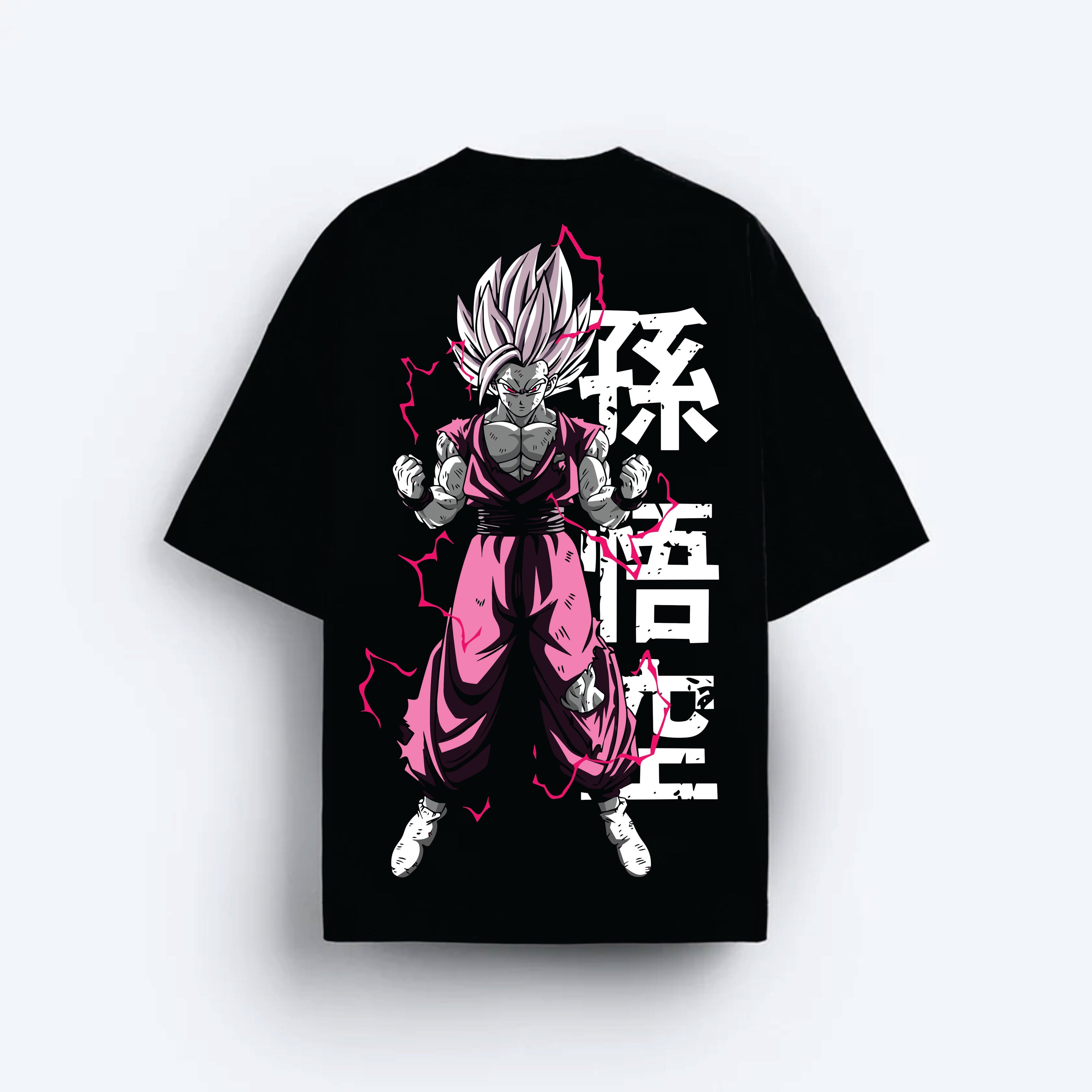 Black t-shirt with a character design and white text on a white background