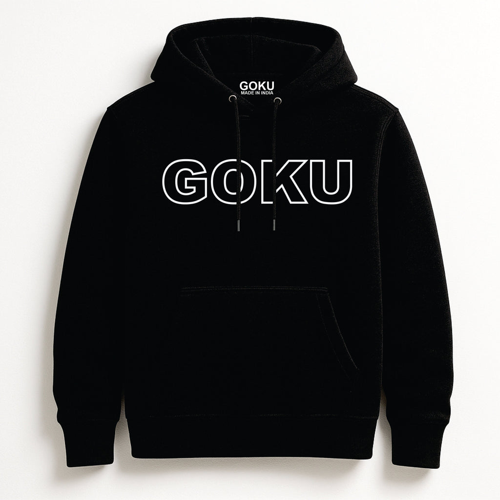 Black hoodie with 'GOKU' printed on the back against a white background
