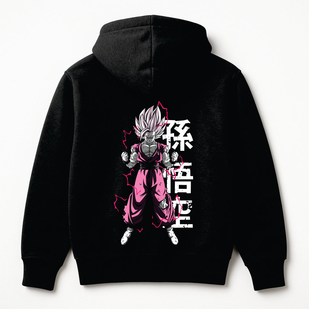 Black hoodie with a character design and text on the back against a white background